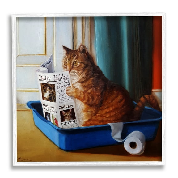 Stupell Industries Litter Box Reading Funny Cat Pet Painting White Framed Art Print Wall Art, 12x12, by Lucia Heffernan