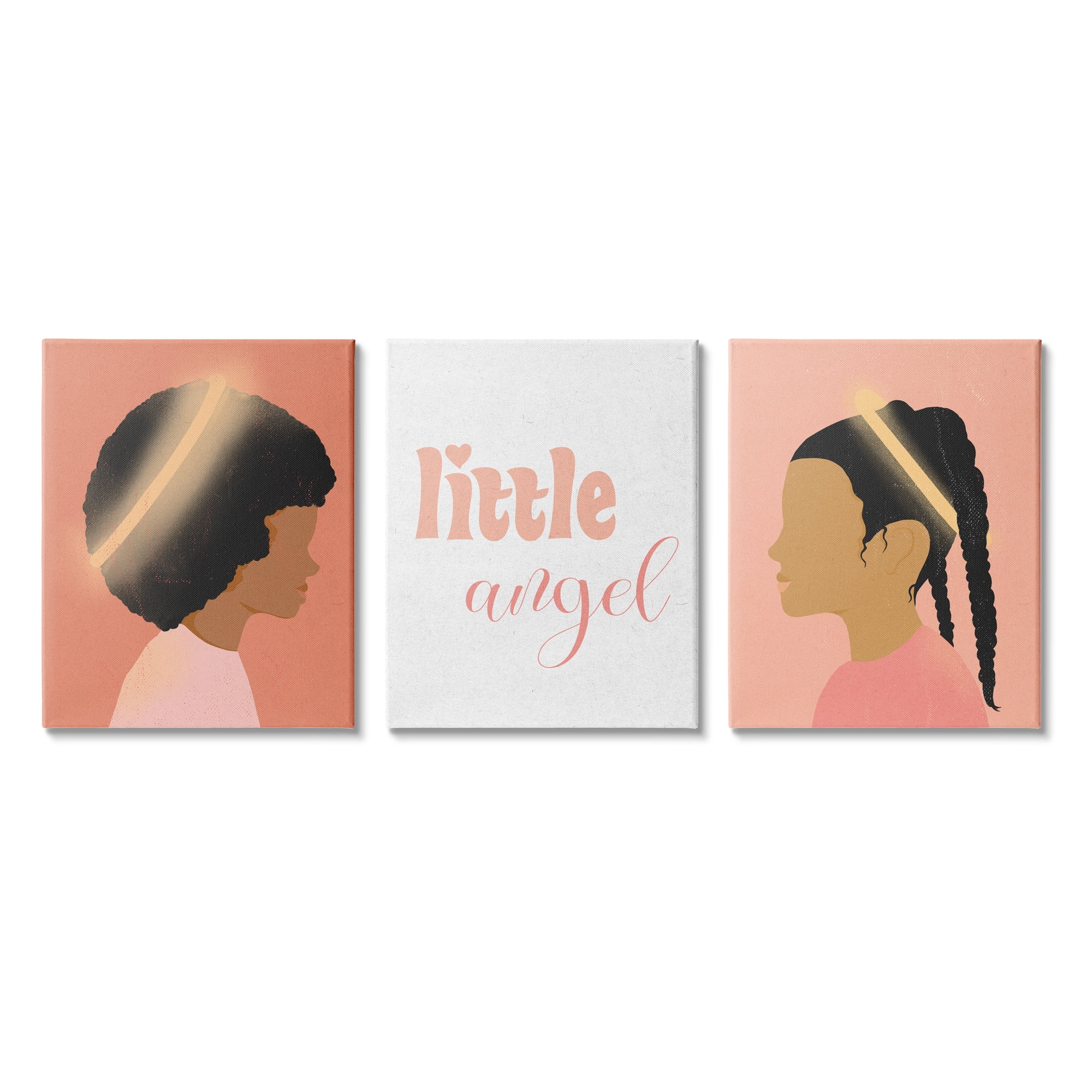Stupell Industries Little Angels Phrase Girl with Halos Over Pink Abstract Painting Gallery Wrapped Canvas Art Print Wall Art, 24 x 30, Set of 3