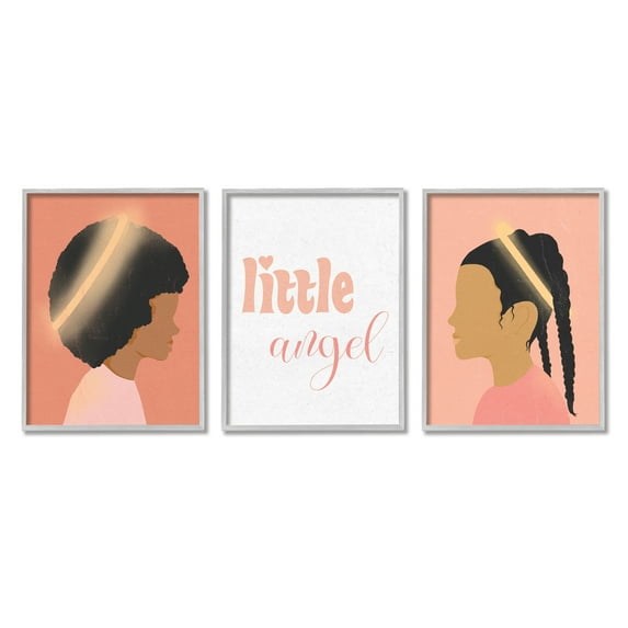 Stupell Industries Little Angels Phrase Girl with Halos Over Pink Abstract Painting Gray Framed Art Print Wall Art, 16 x 20, Set of 3