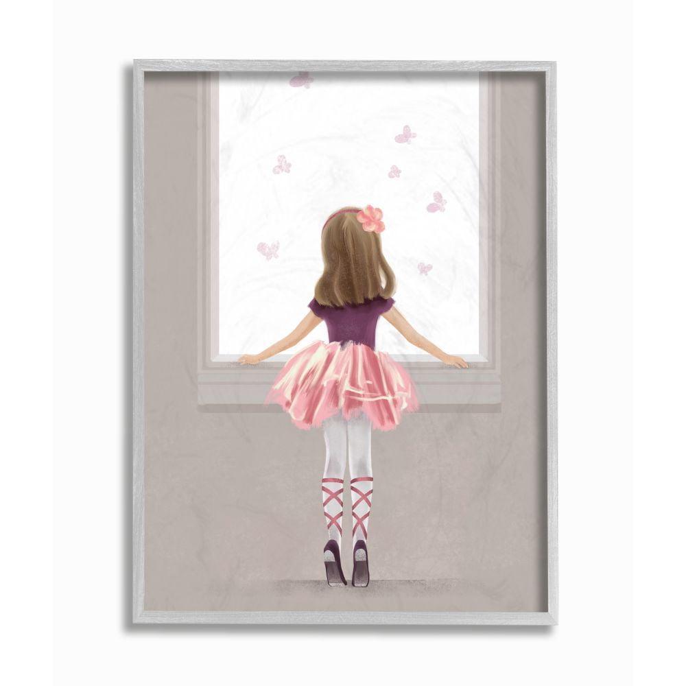 Stupell Industries Little Ballerina Dancer Girl Butterfly Pink Purple Framed Wall Art Design by Ziwei Li, 16" x 20", Gray Framed