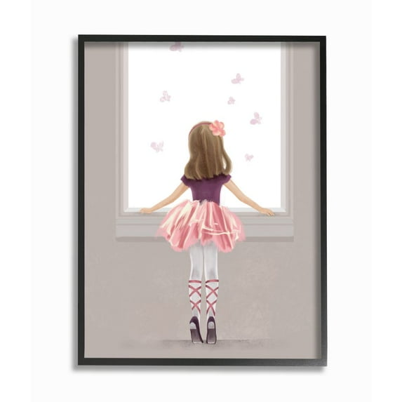 Stupell Industries Little Ballerina Dancer Girl Butterfly Pink Purple Framed Wall Art Design by Ziwei Li, 24" x 30", Black Framed