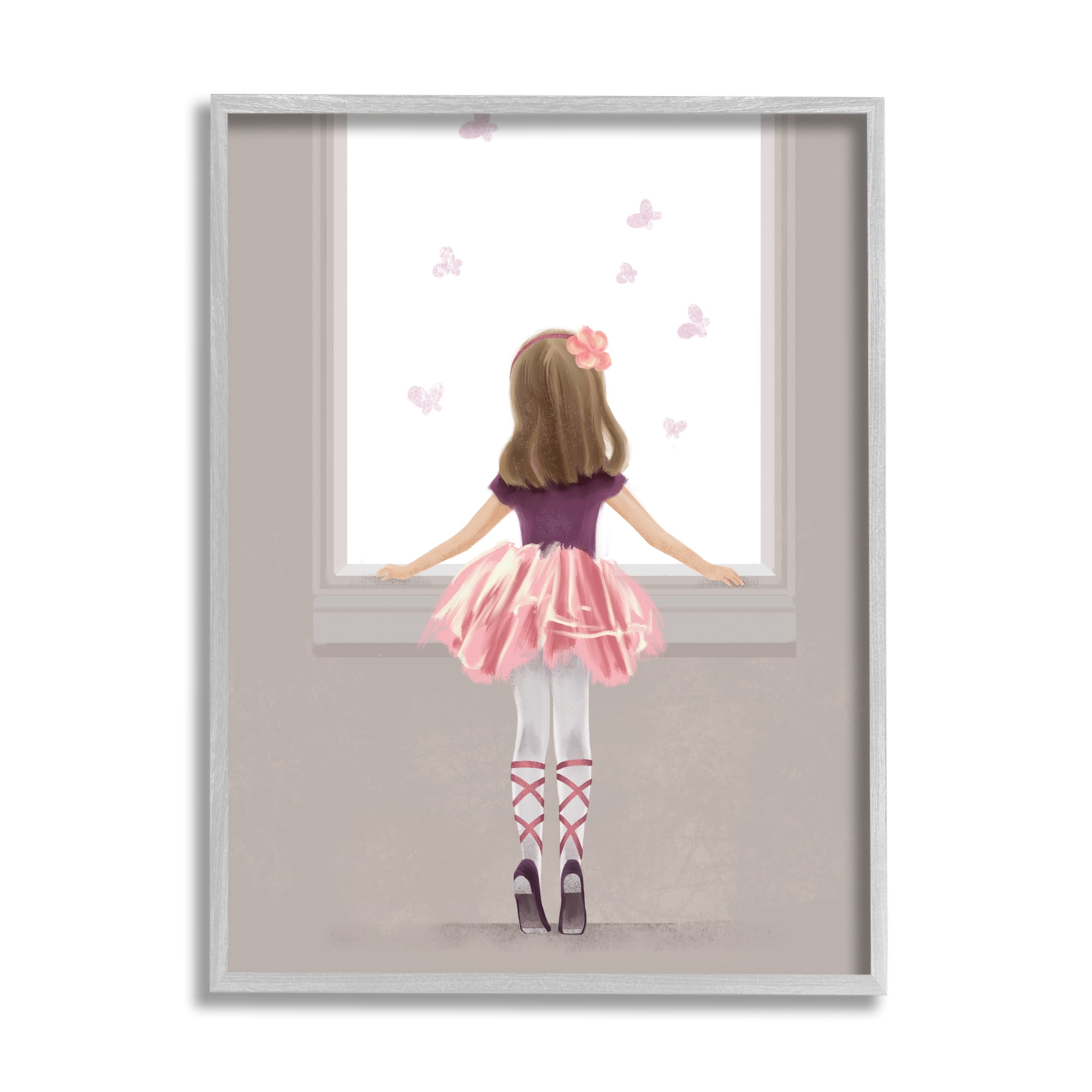 Stupell Industries Little Ballerina Dancer Girl Butterfly Pink Purple Graphic Art Gray Framed Art Print Wall Art, 24x30, by Ziwei Li