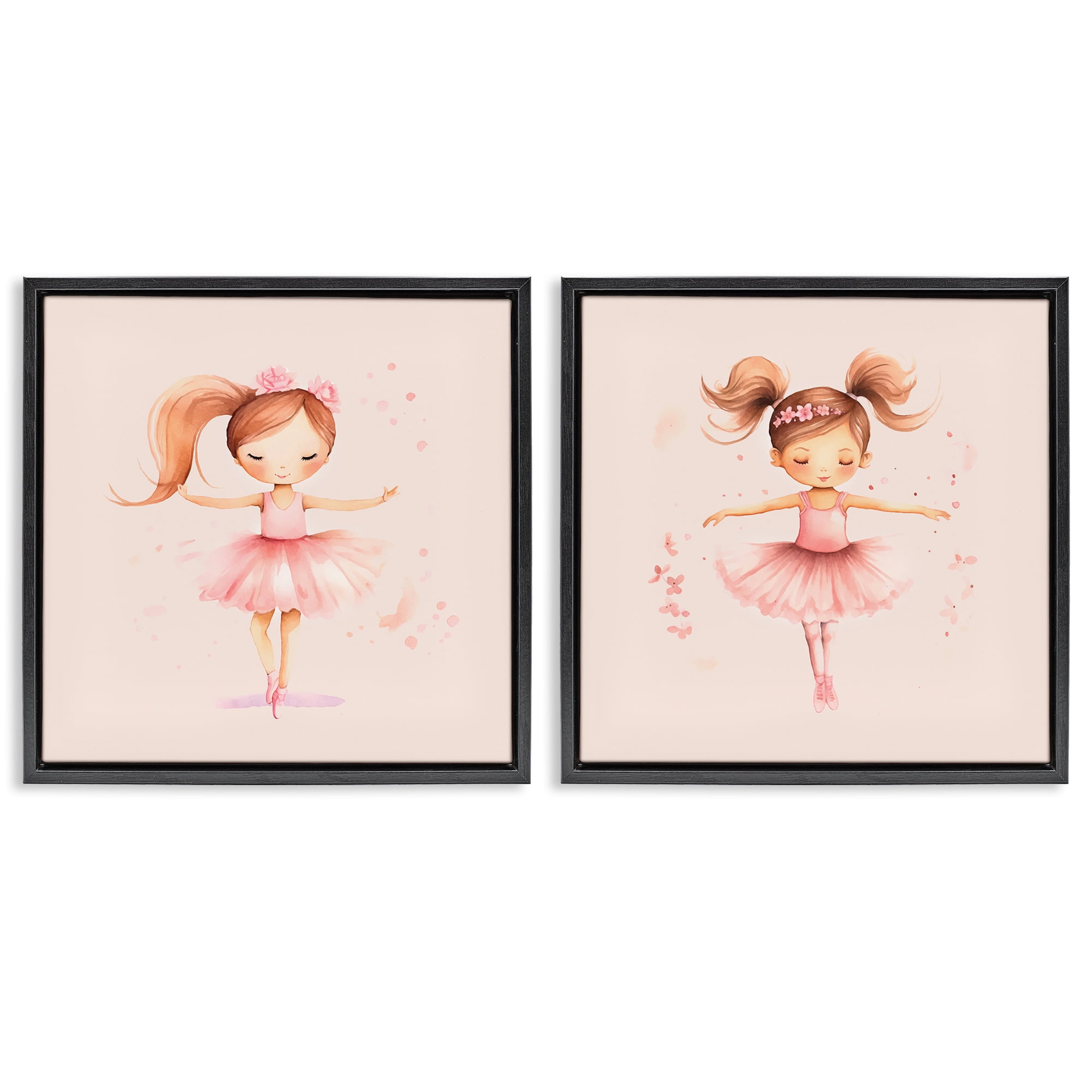 Stupell Industries Little Ballerina Dancers People Painting Black Floater Framed Canvas Art Print Wall Art, 18 x 18, Set of 2