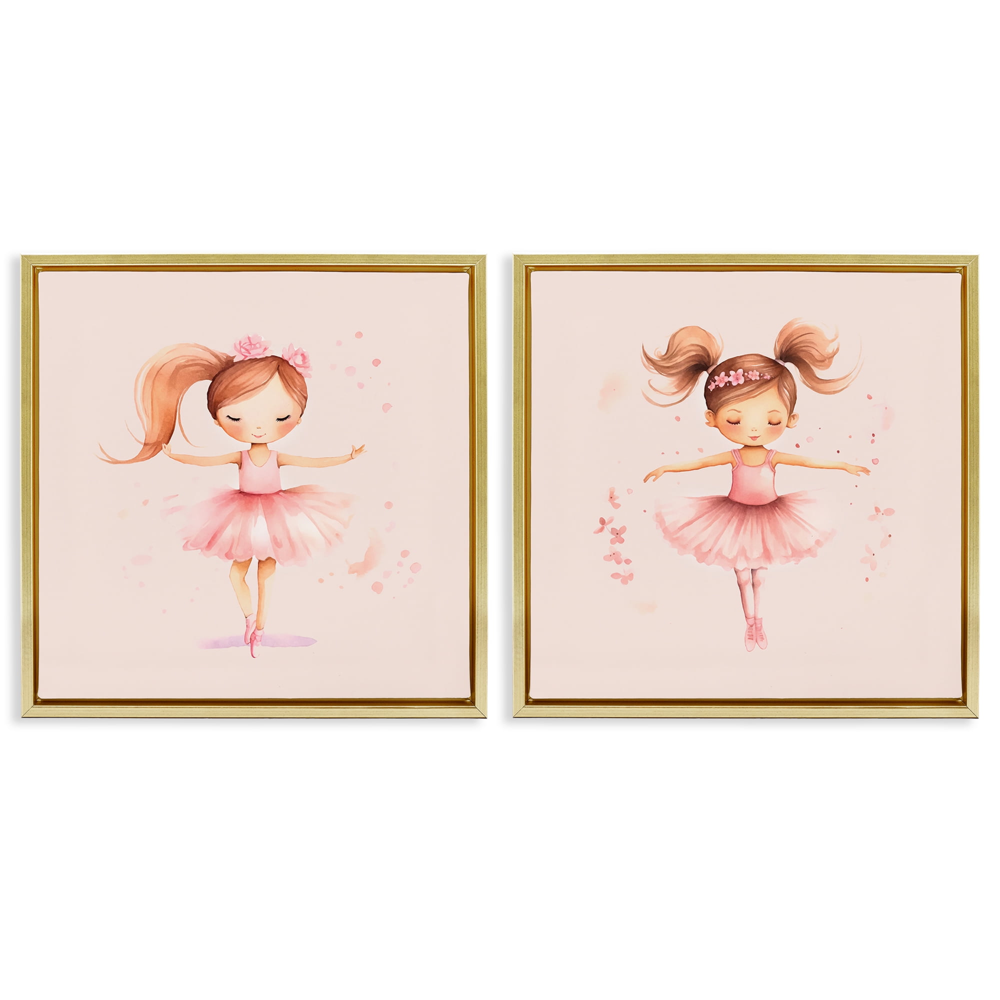 Stupell Industries Little Ballerina Dancers People Painting Gold Floater Framed Canvas Art Print Wall Art, 18 x 18, Set of 2