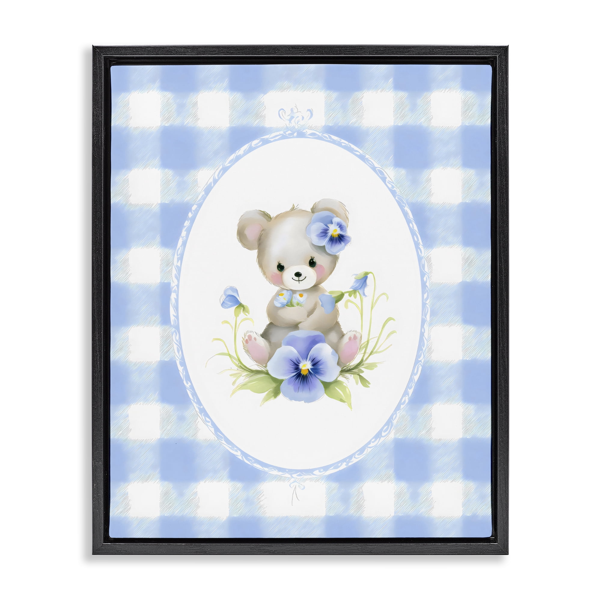 Stupell Industries Little Bear Blue Gingham Black Framed Floater Canvas Wall Art, design by Arlington Prints