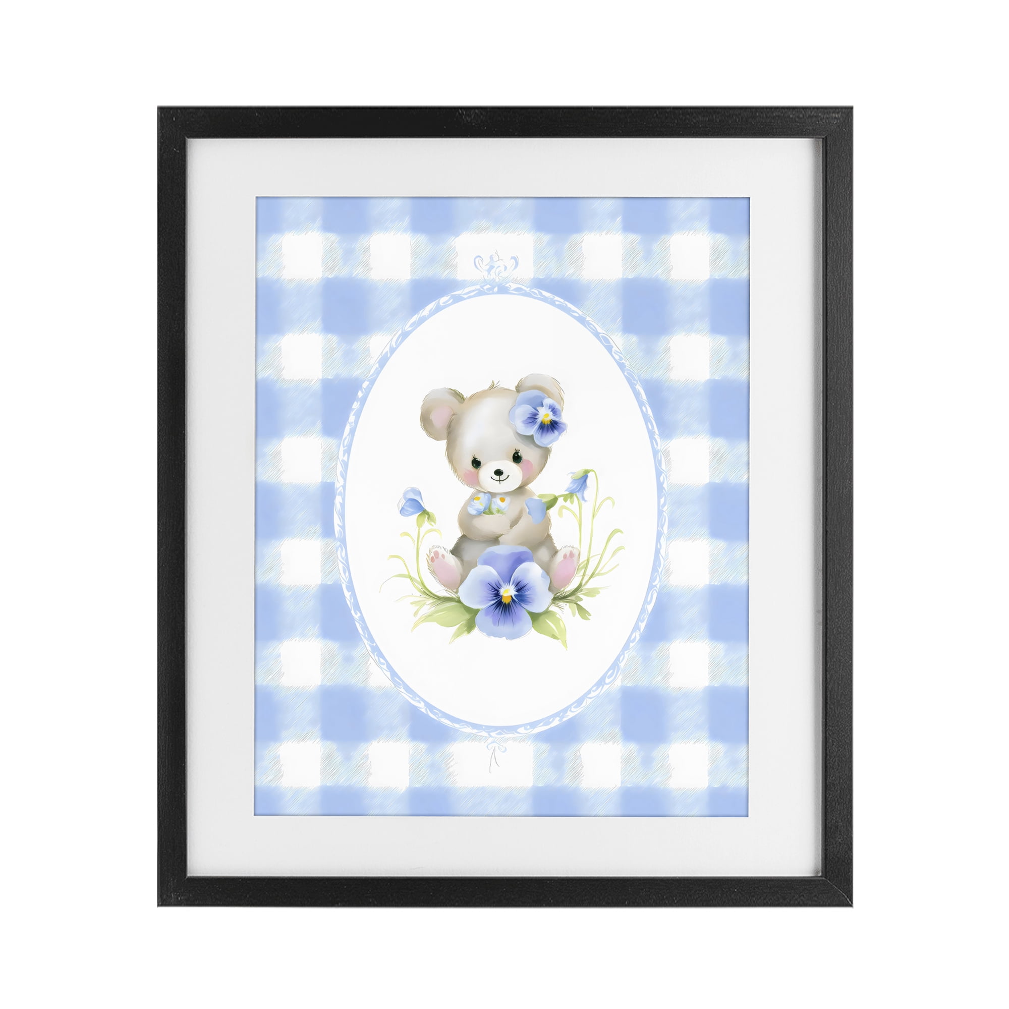 Stupell Industries Little Bear Blue Gingham Black Framed Print Under Glass, design by Arlington Prints