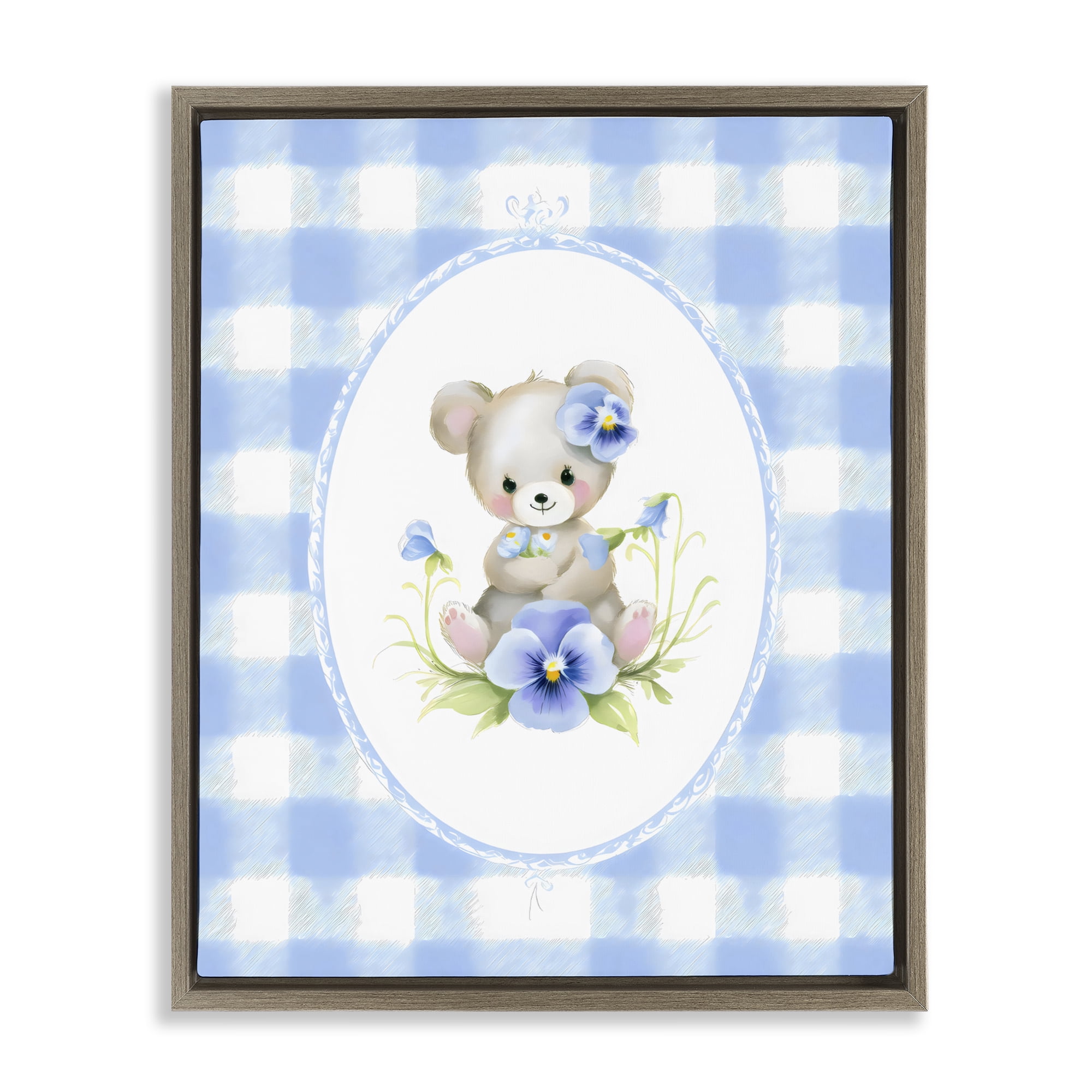 Stupell Industries Little Bear Blue Gingham Brown Framed Floater Canvas Wall Art, design by Arlington Prints