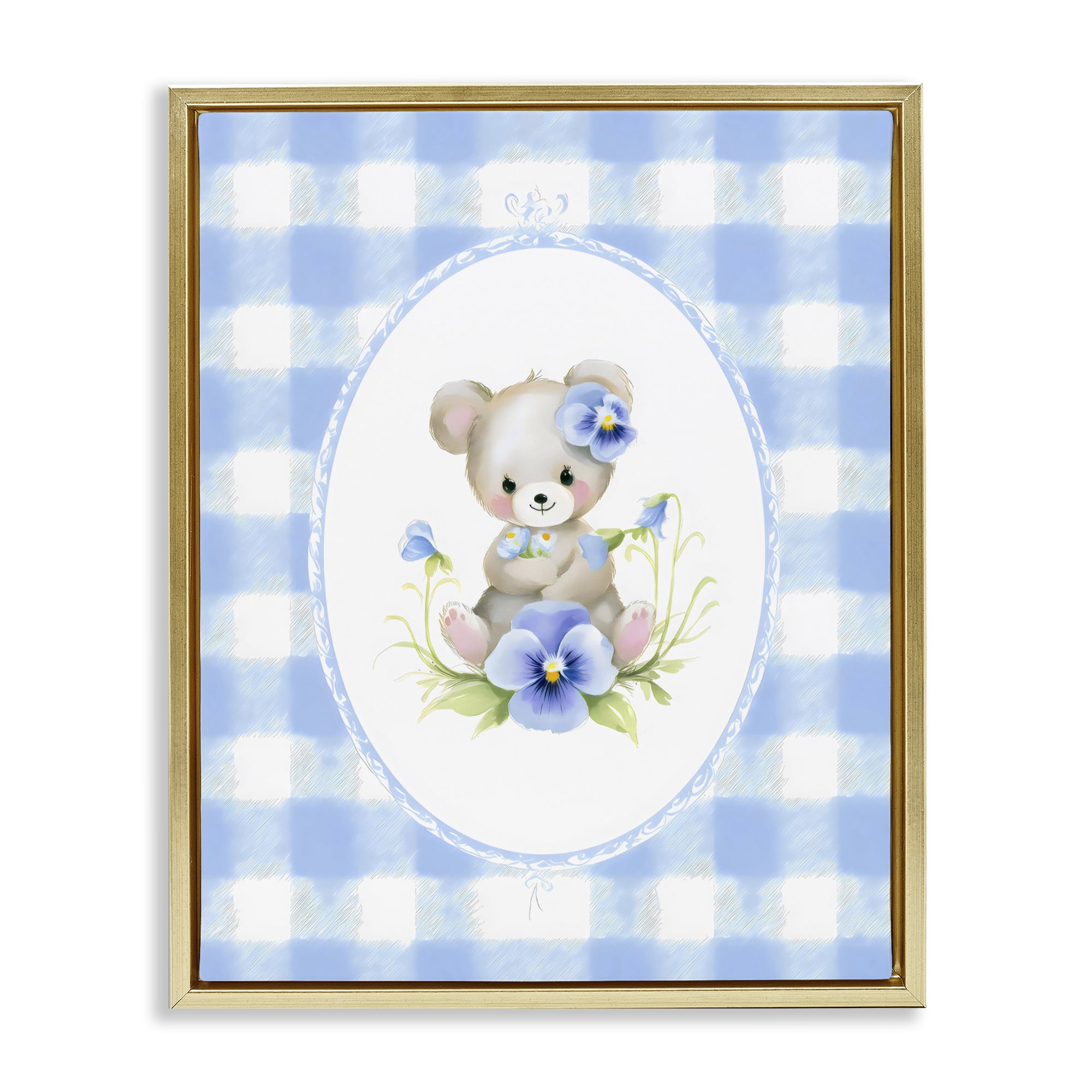 Stupell Industries Little Bear Blue Gingham Gold Framed Floater Canvas Wall Art, design by Arlington Prints