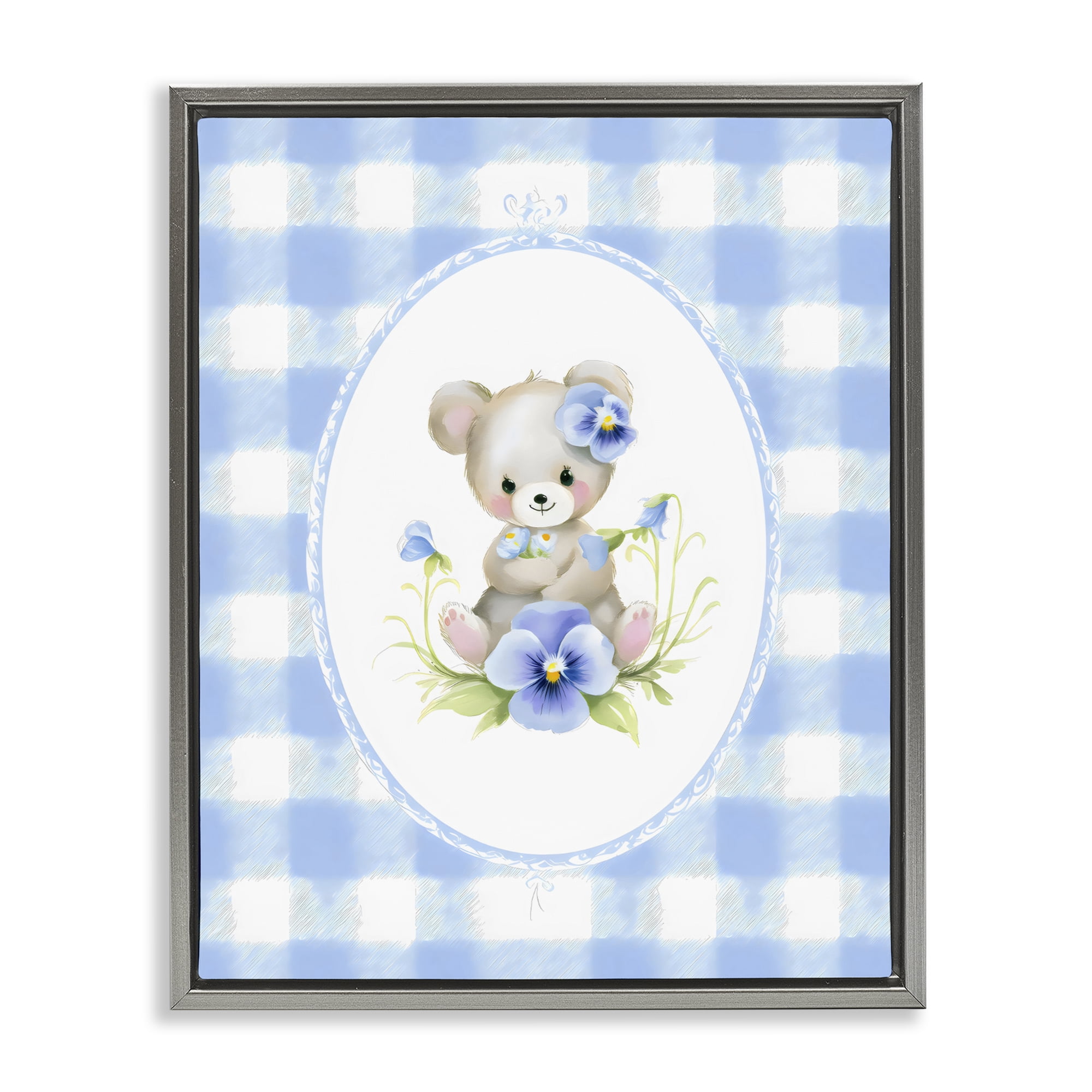 Stupell Industries Little Bear Blue Gingham Gray Framed Floater Canvas Wall Art, design by Arlington Prints