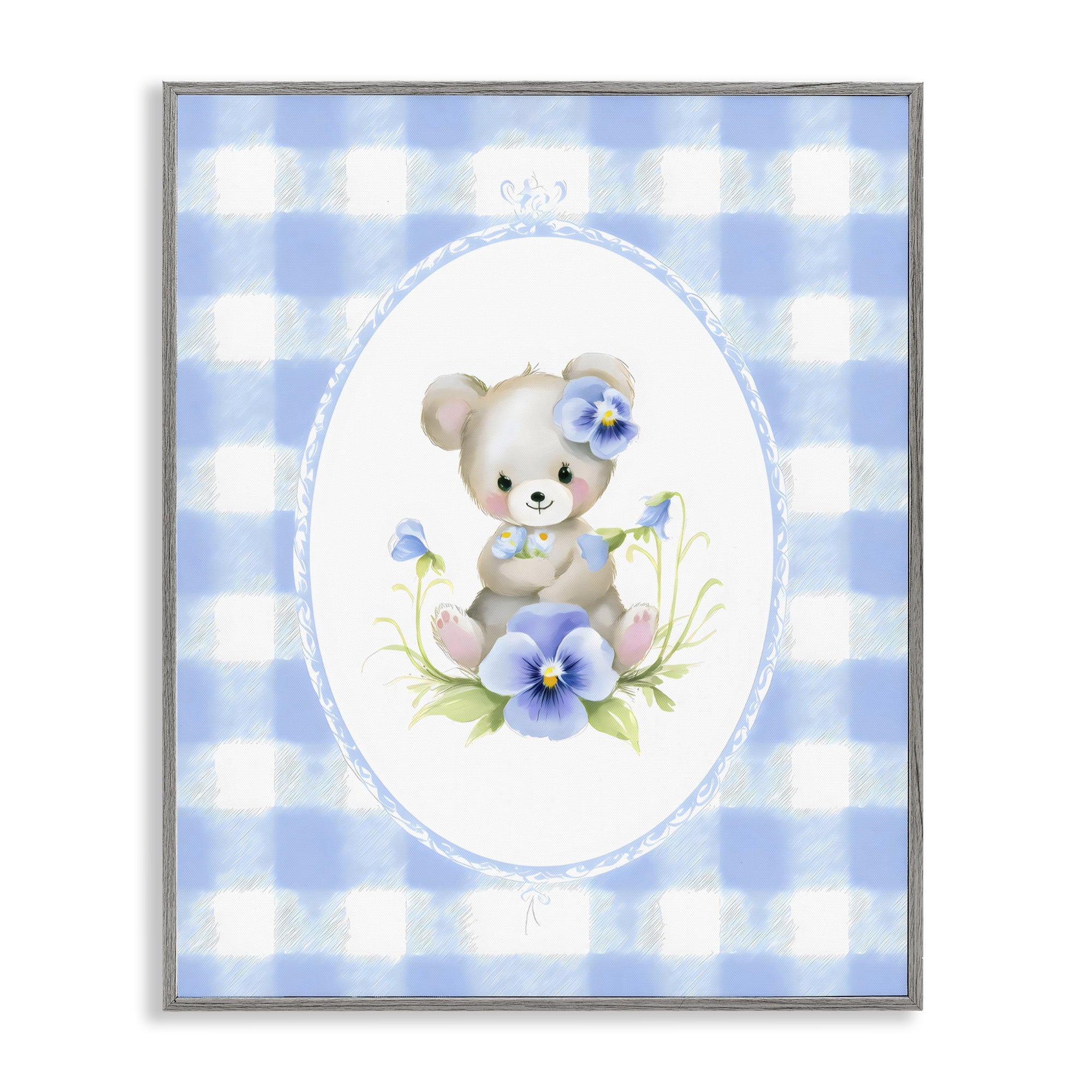 Stupell Industries Little Bear Blue Gingham Gray Framed Giclee Art, design by Arlington Prints