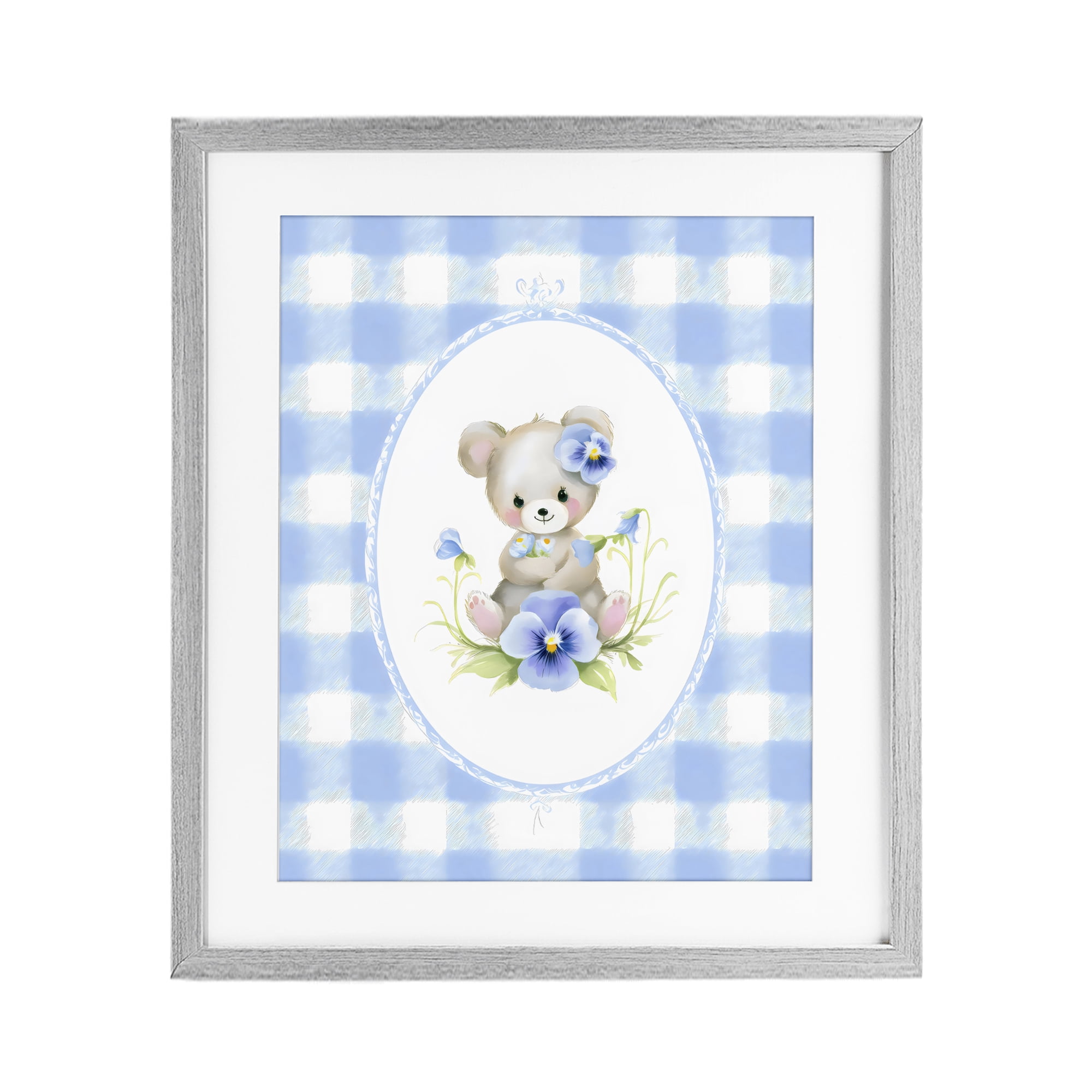 Stupell Industries Little Bear Blue Gingham Gray Framed Print Under Glass, design by Arlington Prints