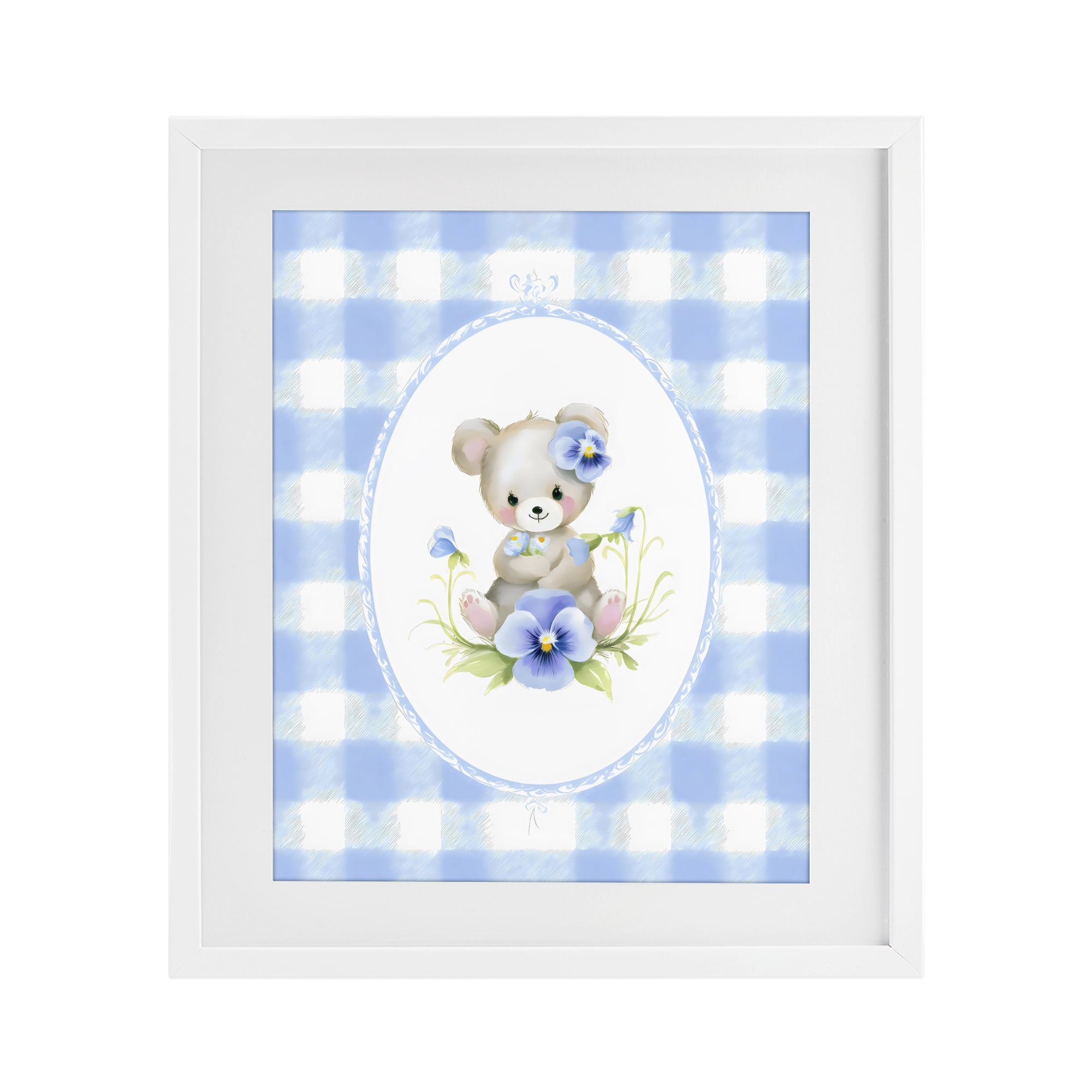 Stupell Industries Little Bear Blue Gingham White Framed Print Under Glass, design by Arlington Prints