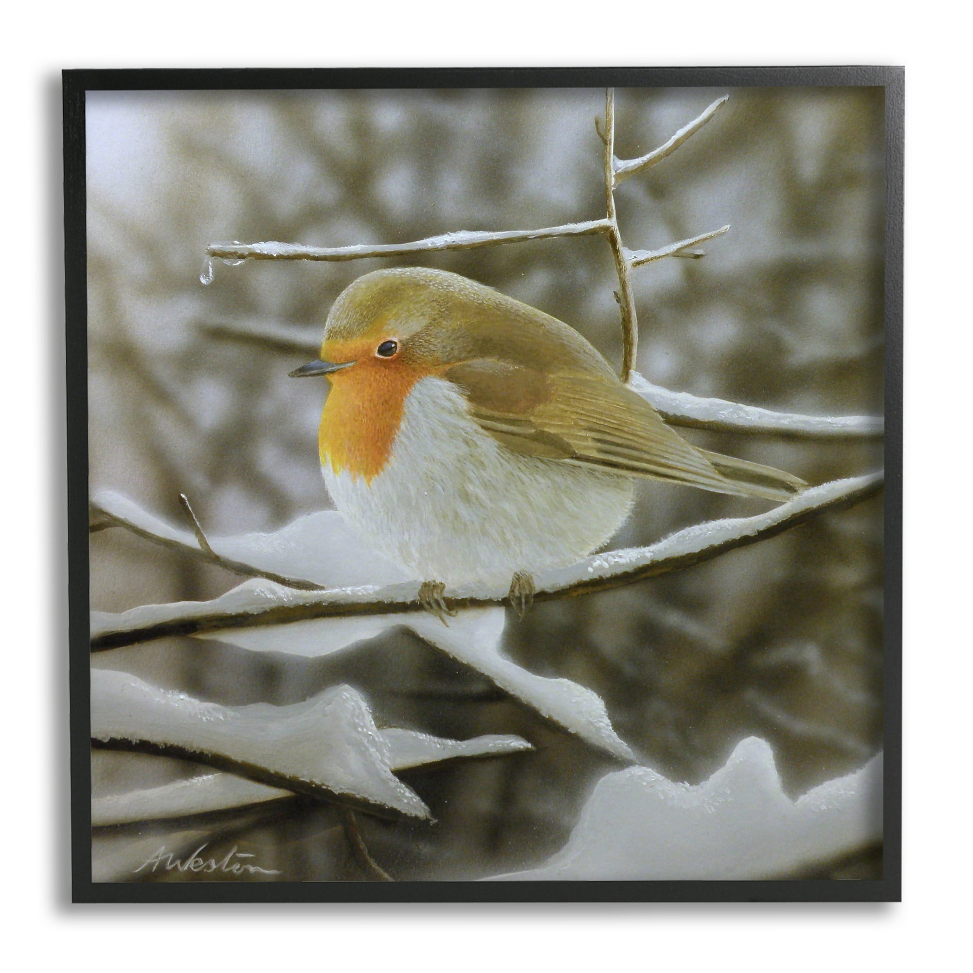 Stupell Industries Little Bird Perched Detailed Snow Covered Twigs Painting Black Framed Art Print Wall Art, Design by Alan Weston