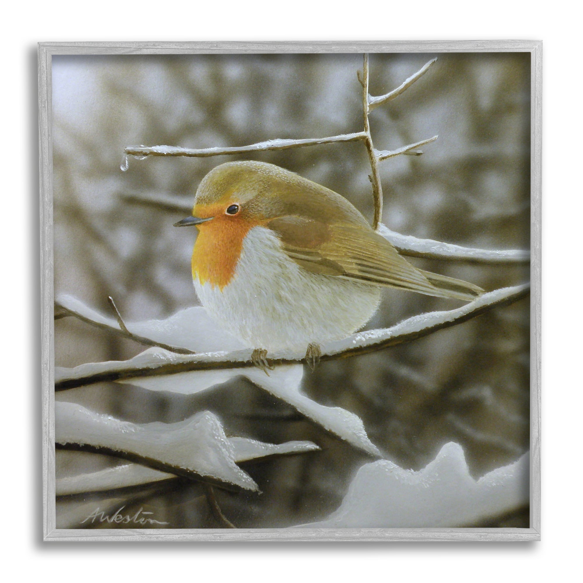 Stupell Industries Little Bird Perched Detailed Snow Covered Twigs Painting Gray Framed Art Print Wall Art, Design by Alan Weston