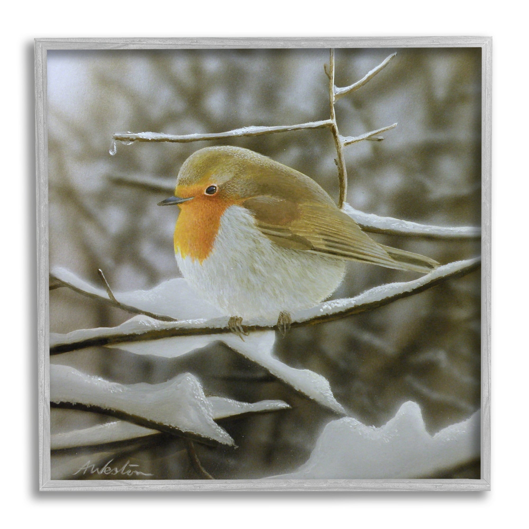Stupell Industries Little Bird Perched Detailed Snow Covered Twigs Painting Gray Framed Art Print Wall Art, Design by Alan Weston