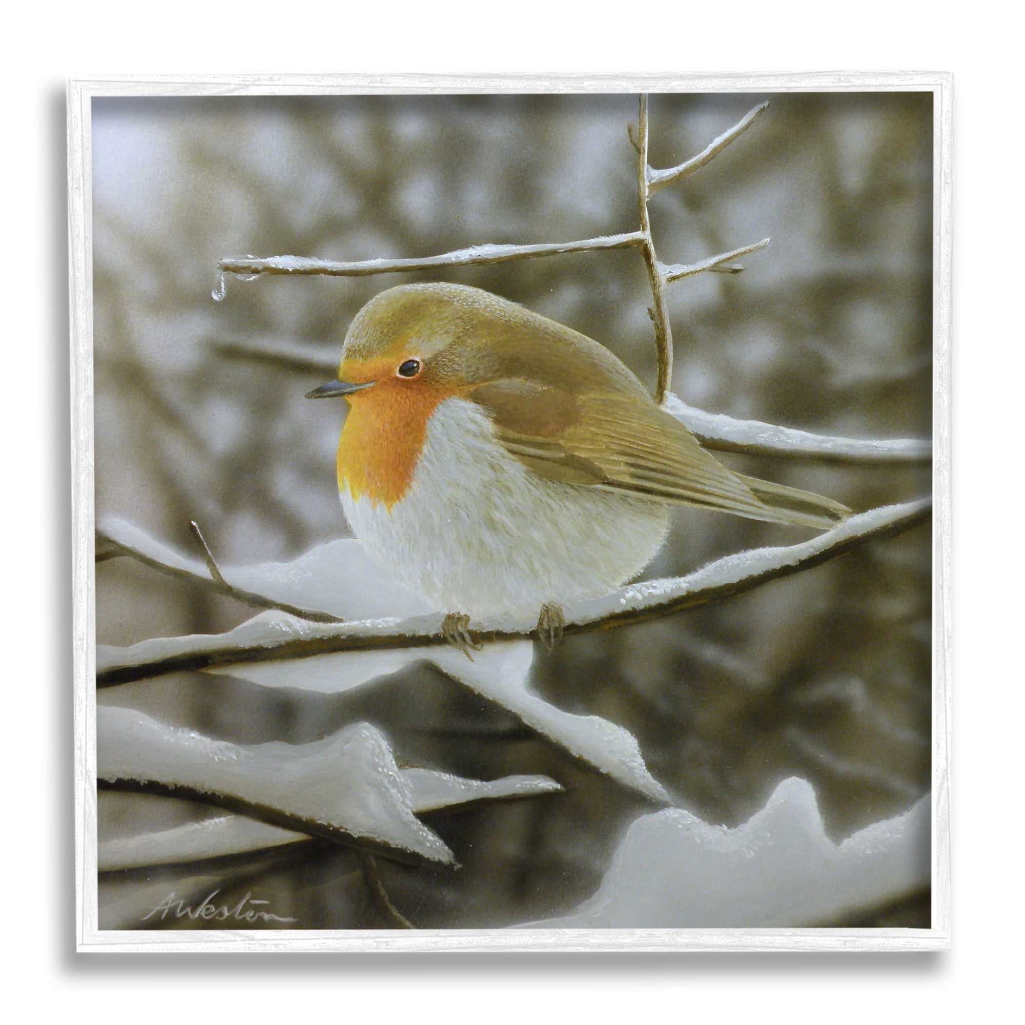 Stupell Industries Little Bird Perched Detailed Snow Covered Twigs Painting White Framed Art Print Wall Art, Design by Alan Weston