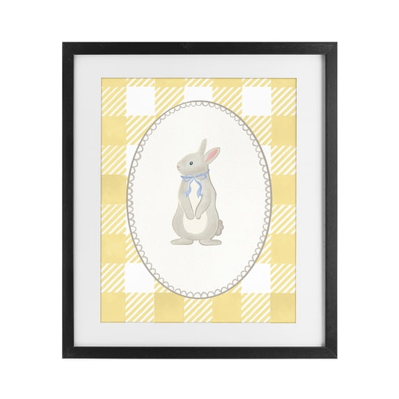 Stupell Industries Farmhouse Little Bunny on Yellow Gingham Black Framed Print Under Glass, 13 x 16, by The Paper Curator