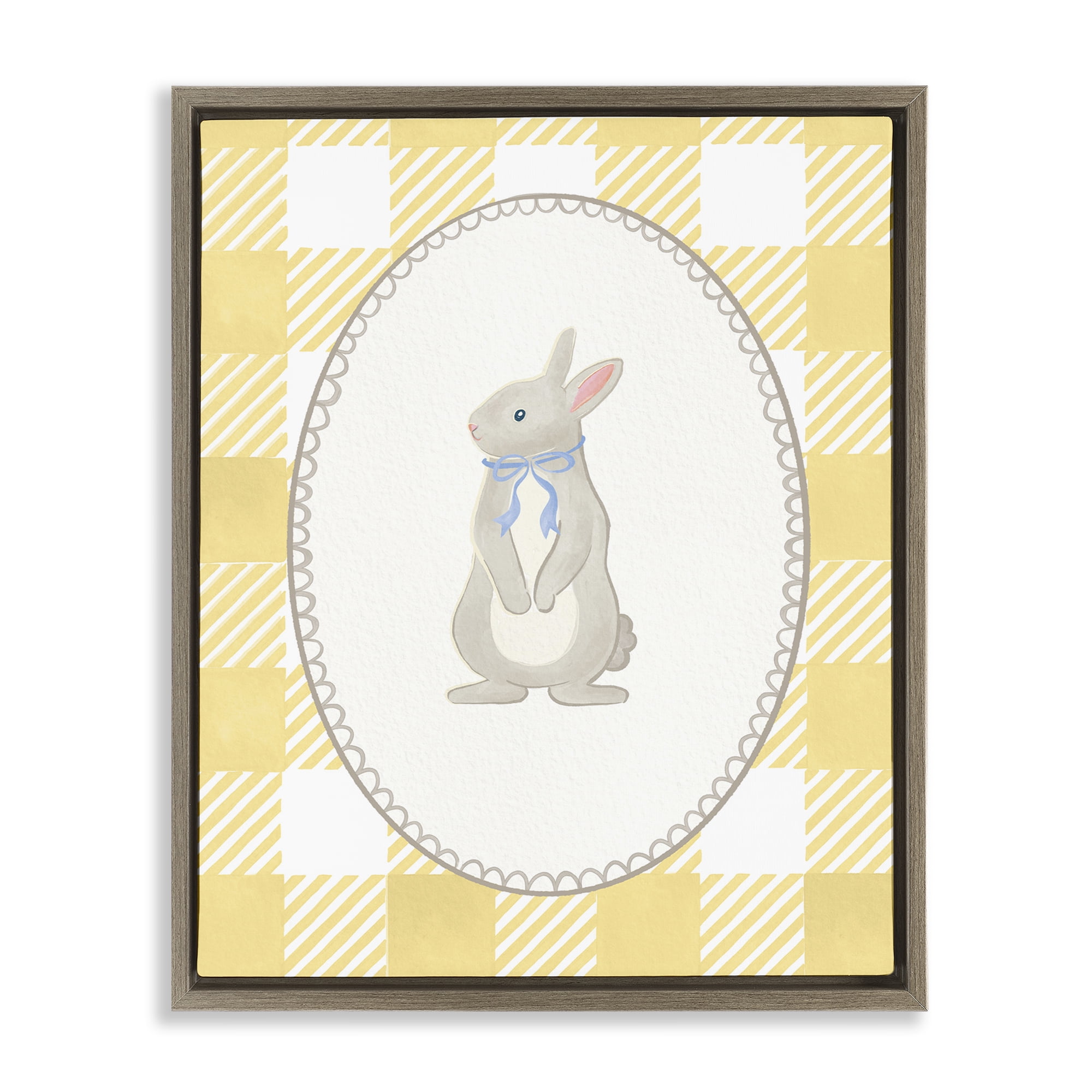 Stupell Industries Little Bunny on Yellow Gingham Brown Framed Floater Canvas Wall Art, design by The Paper Curator