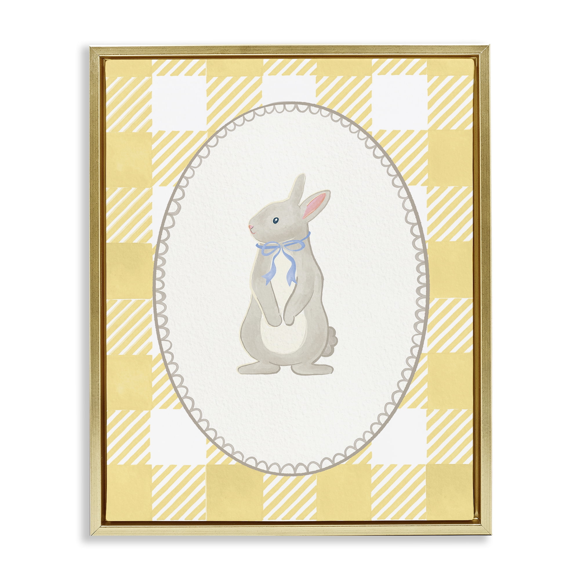Stupell Industries Little Bunny on Yellow Gingham Gold Framed Floater Canvas Wall Art, design by The Paper Curator