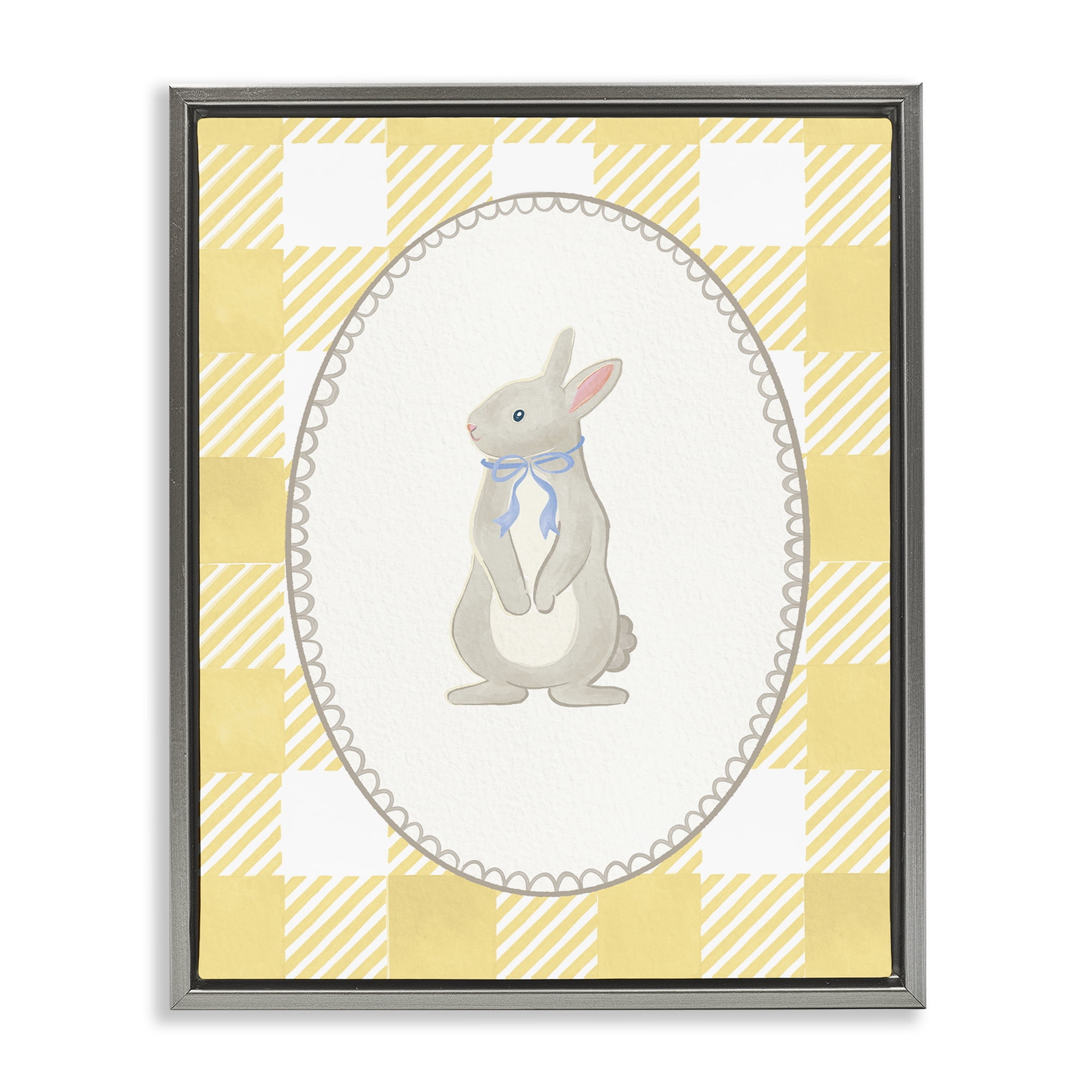 Stupell Industries Little Bunny on Yellow Gingham Gray Framed Floater Canvas Wall Art, design by The Paper Curator
