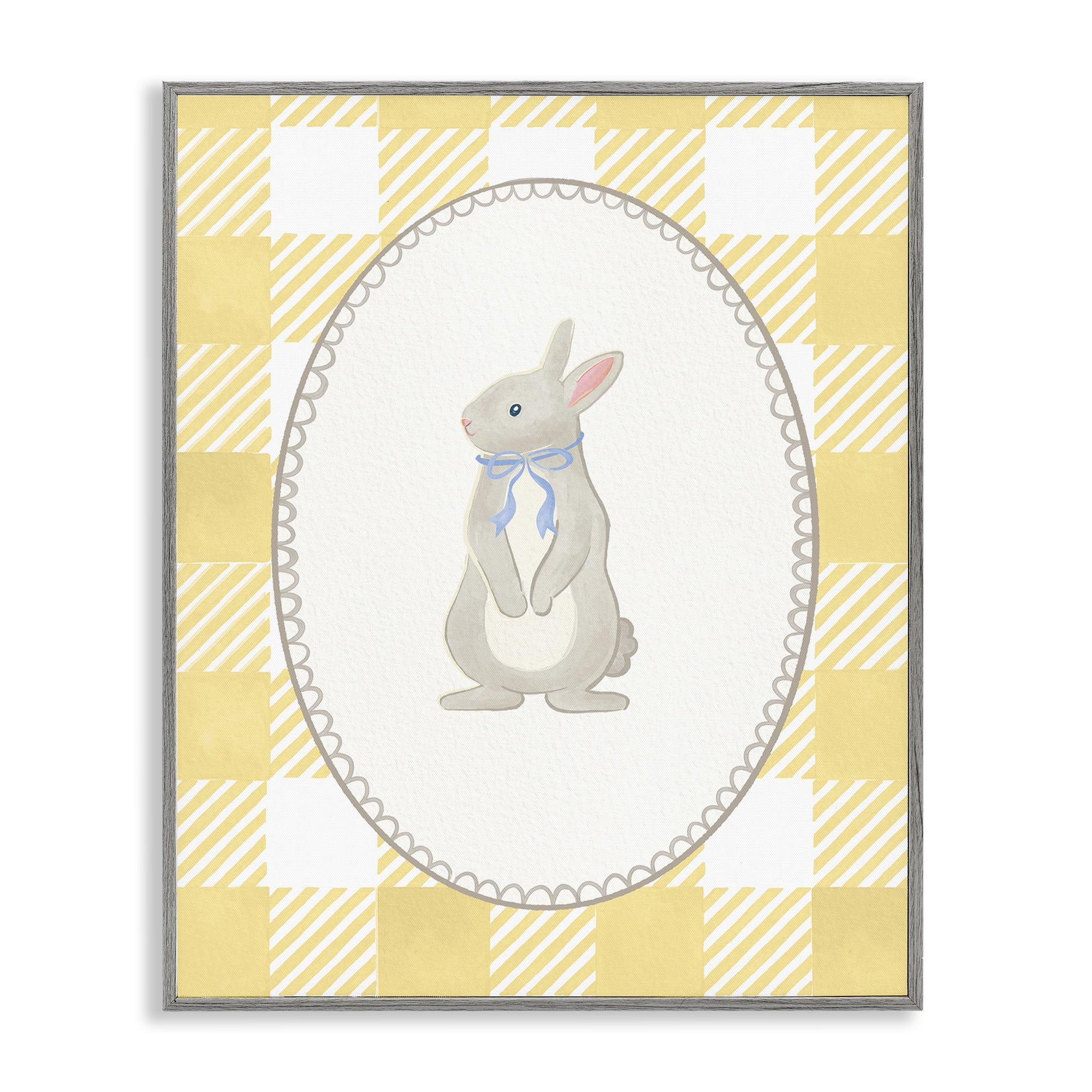 Stupell Industries Little Bunny on Yellow Gingham Gray Framed Giclee Art, design by The Paper Curator