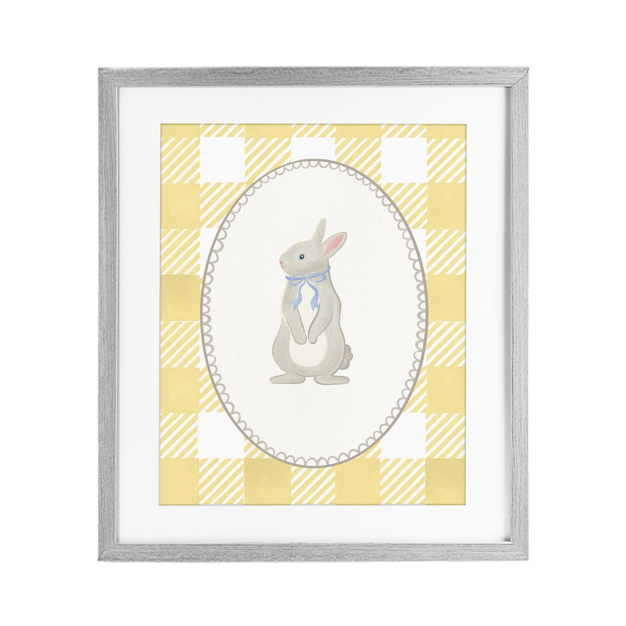 Stupell Industries Little Bunny on Yellow Gingham Gray Framed Print Under Glass, design by The Paper Curator