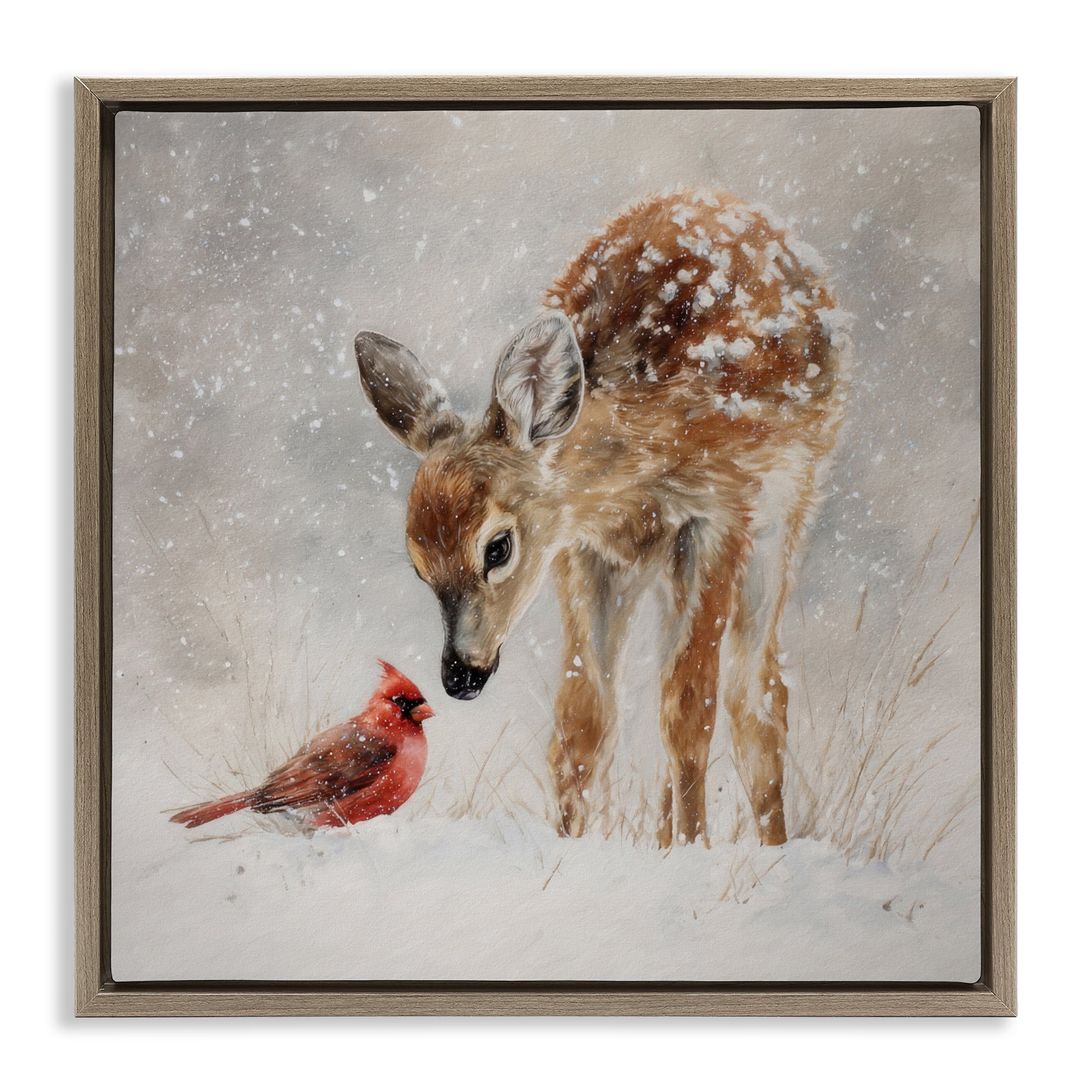 Stupell Industries Little Fawn & The Cardinal Brown Framed Floater Canvas Wall Art, design by Tina LeCour
