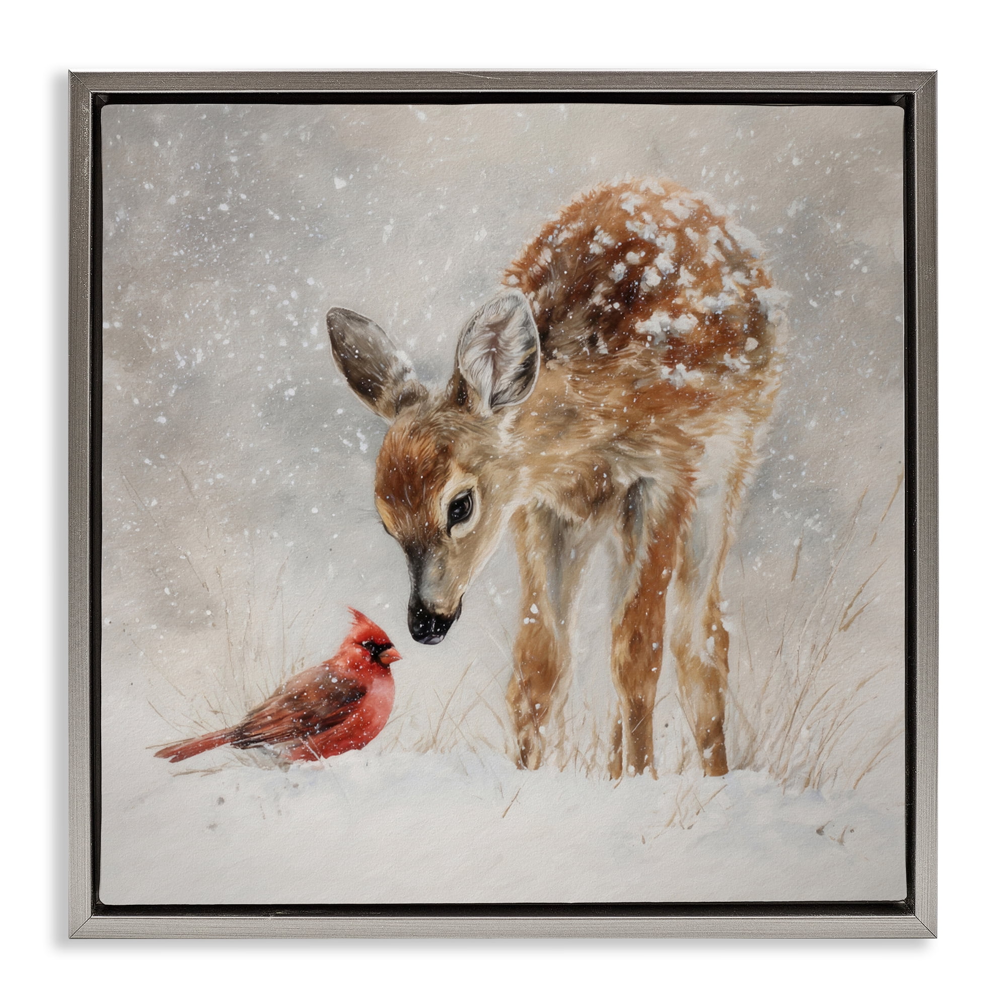 Stupell Industries Little Fawn & The Cardinal Gray Framed Floater Canvas Wall Art, design by Tina LeCour