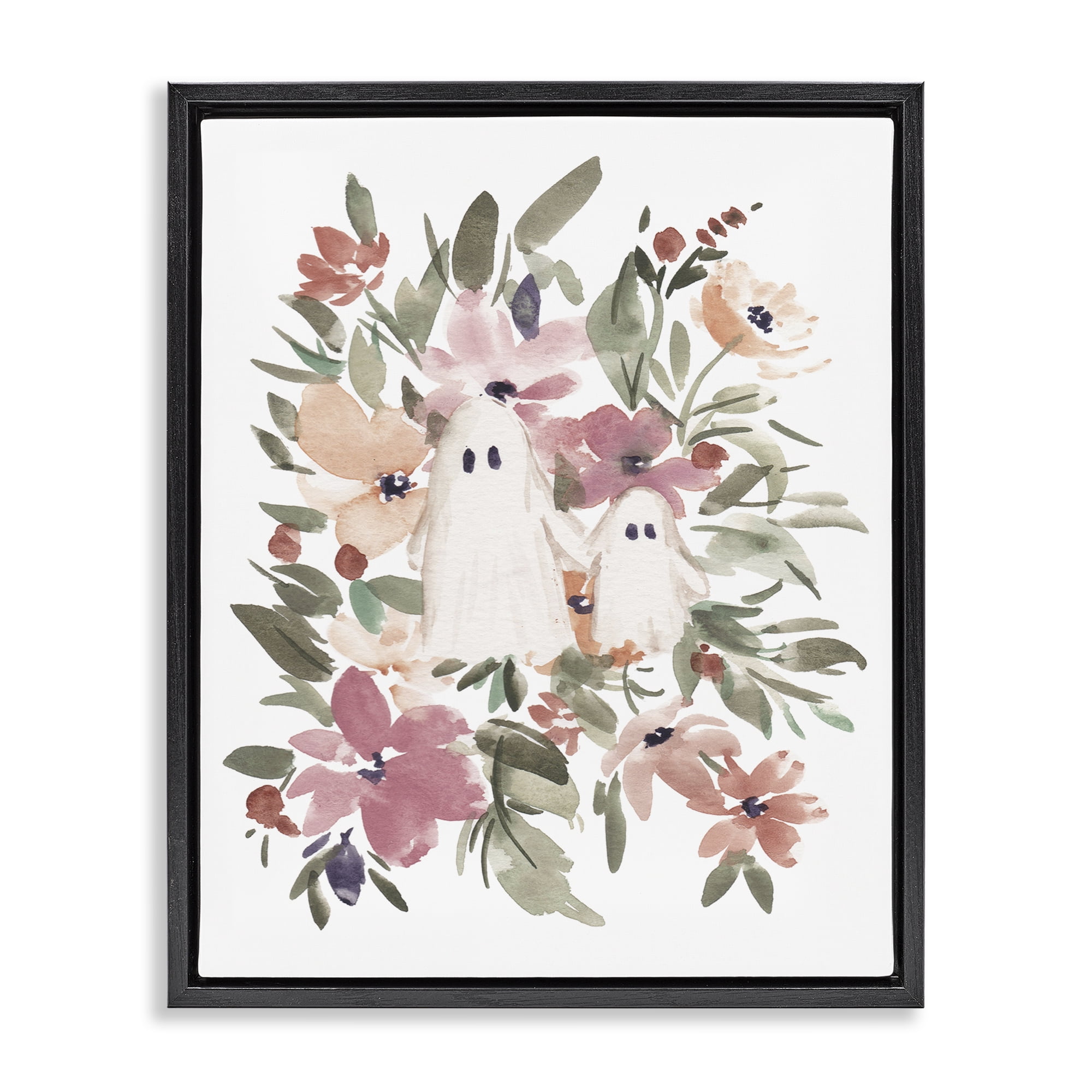 Stupell Industries Little Floral Ghosts Holiday Painting Black Floater Framed Canvas Art Print Wall Art, 25 x 31