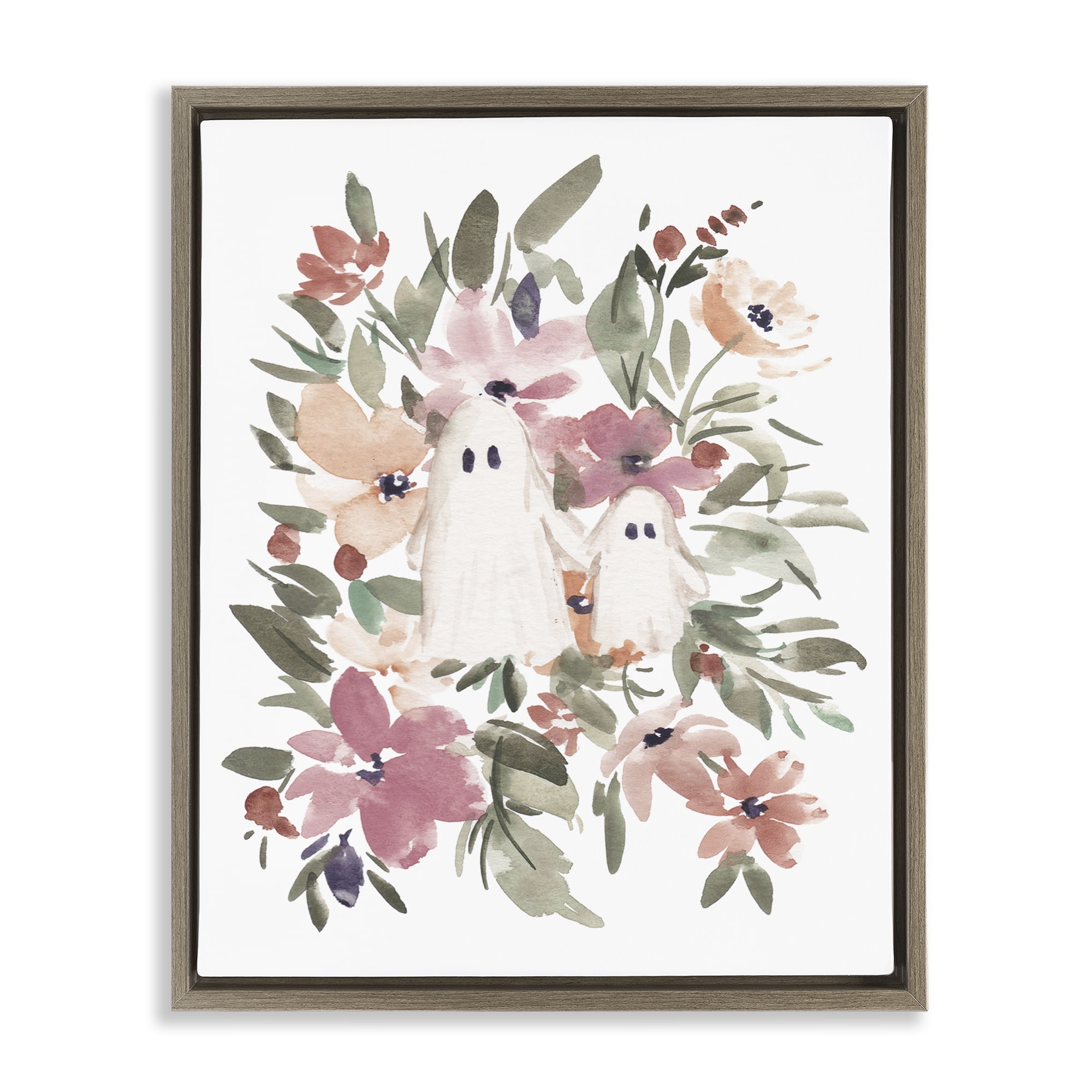 Stupell Industries Little Floral Ghosts Holiday Painting Brown Floater Framed Canvas Art Print Wall Art, 25 x 31