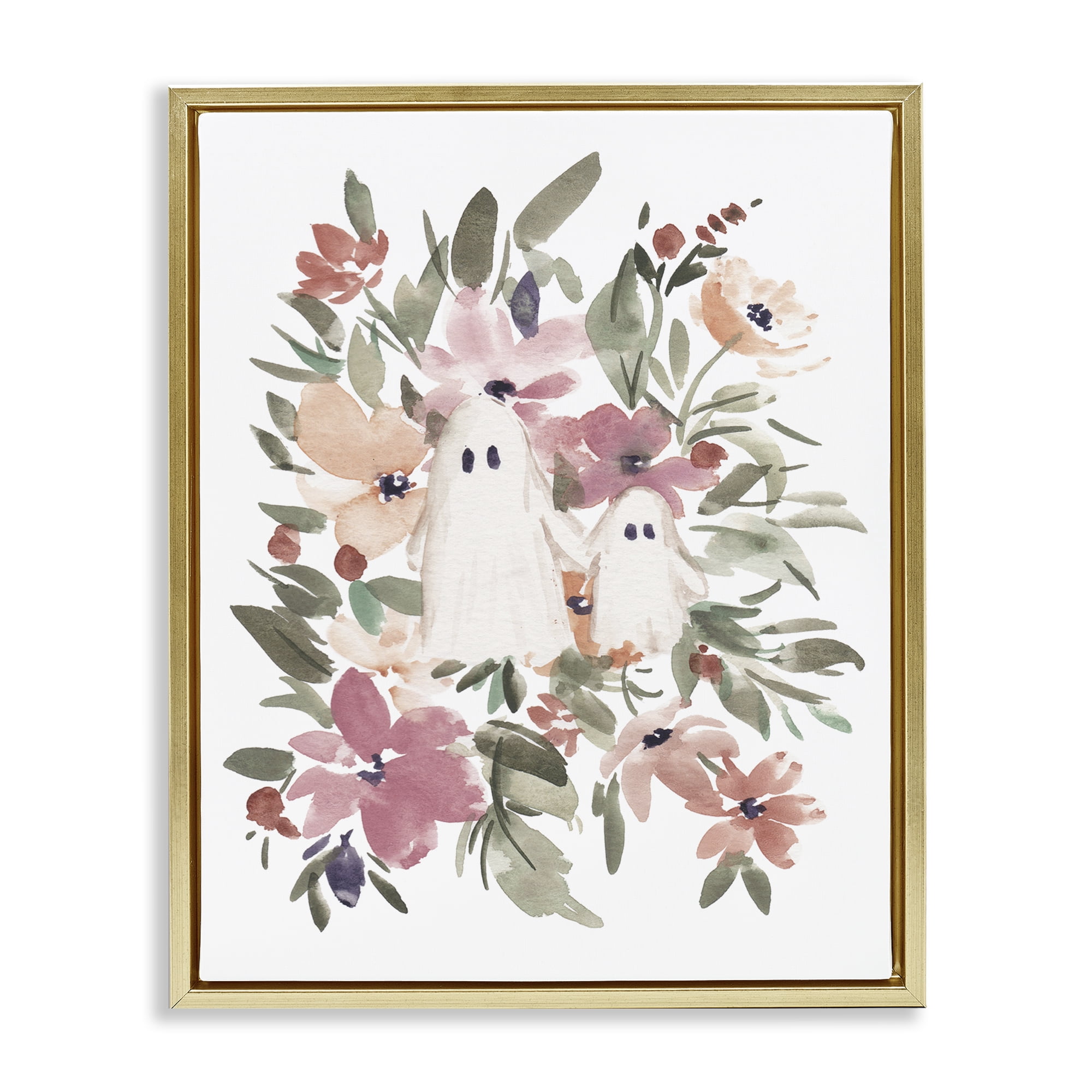 Stupell Industries Little Floral Ghosts Holiday Painting Gold Floater Framed Canvas Art Print Wall Art, 25 x 31