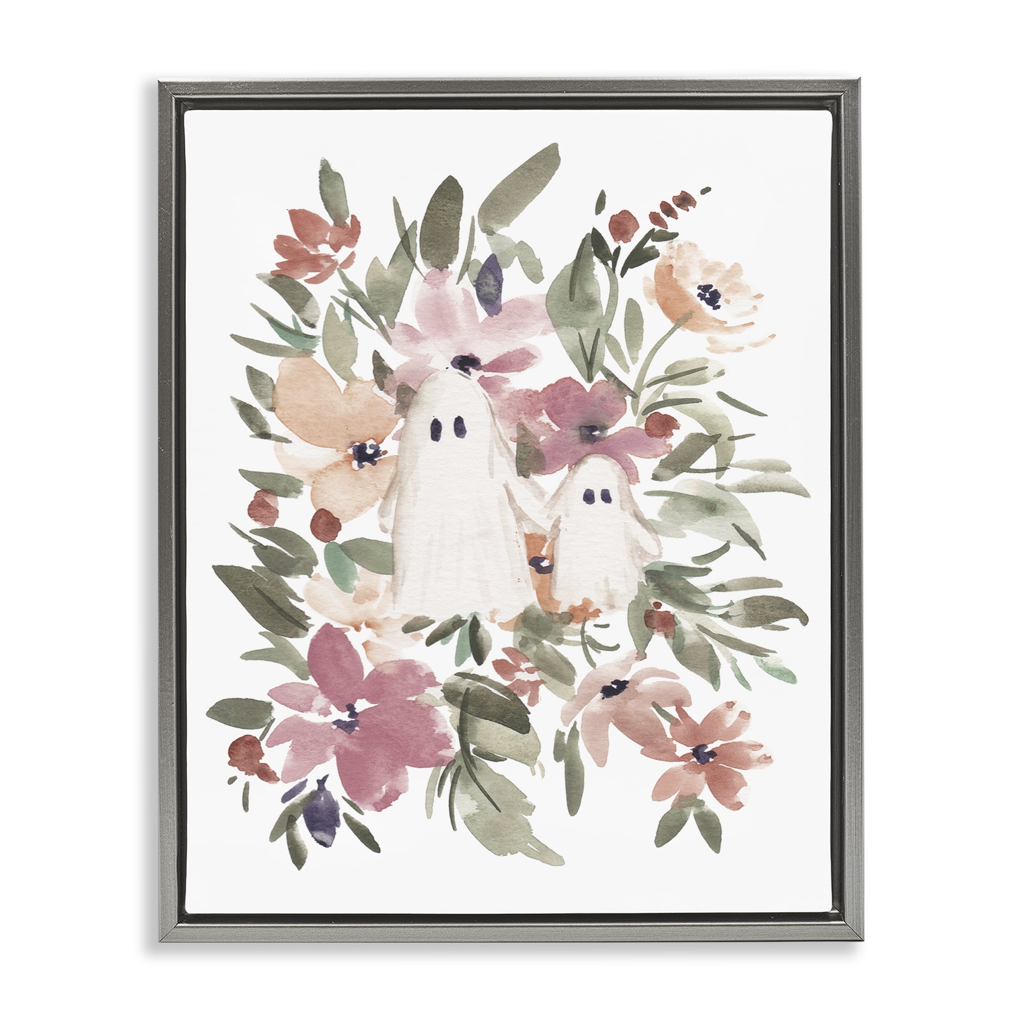 Stupell Industries Little Floral Ghosts Holiday Painting Gray Floater Framed Canvas Art Print Wall Art, 17 x 21