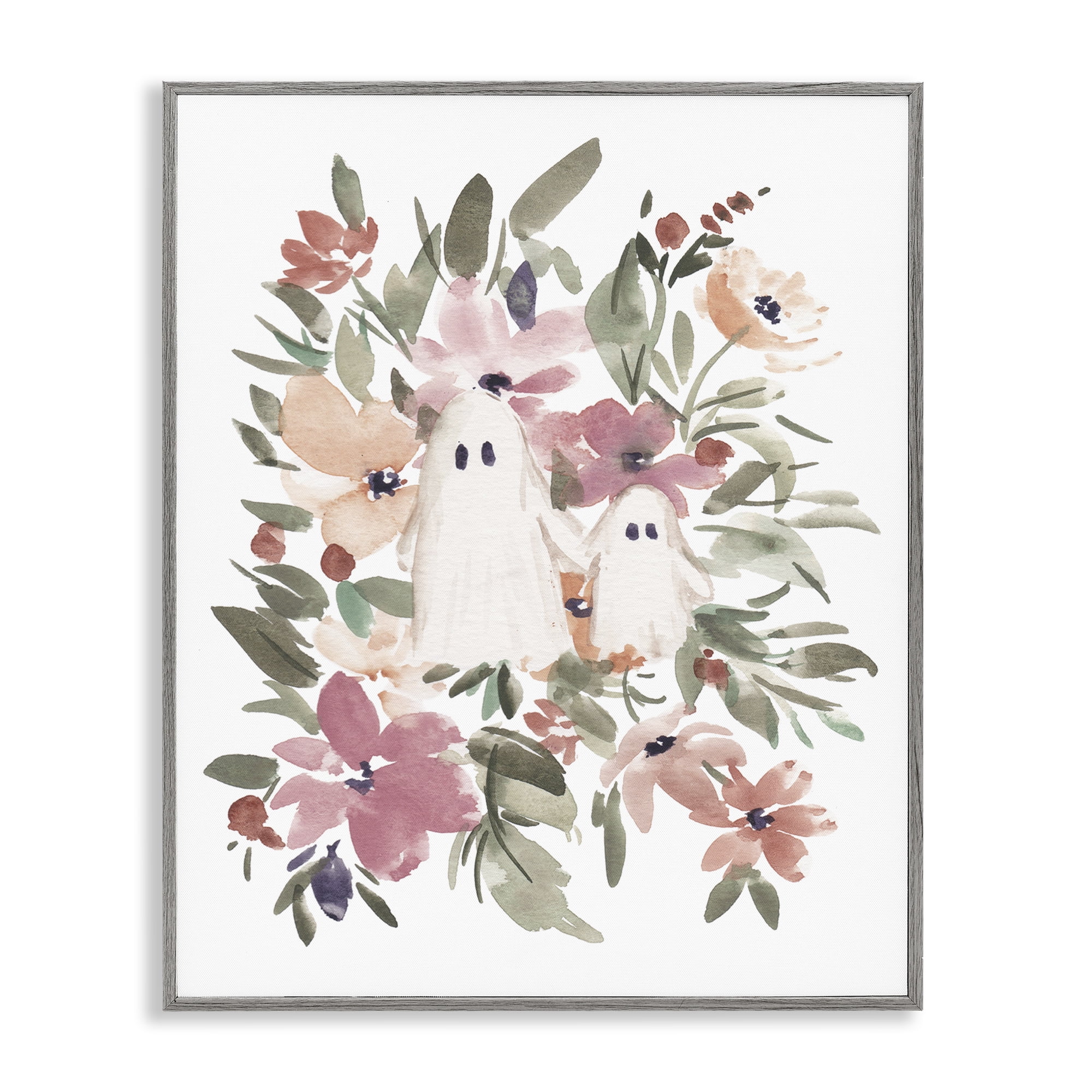 Stupell Industries Little Floral Ghosts Holiday Painting Gray Framed Art Print Wall Art, 11 x 14
