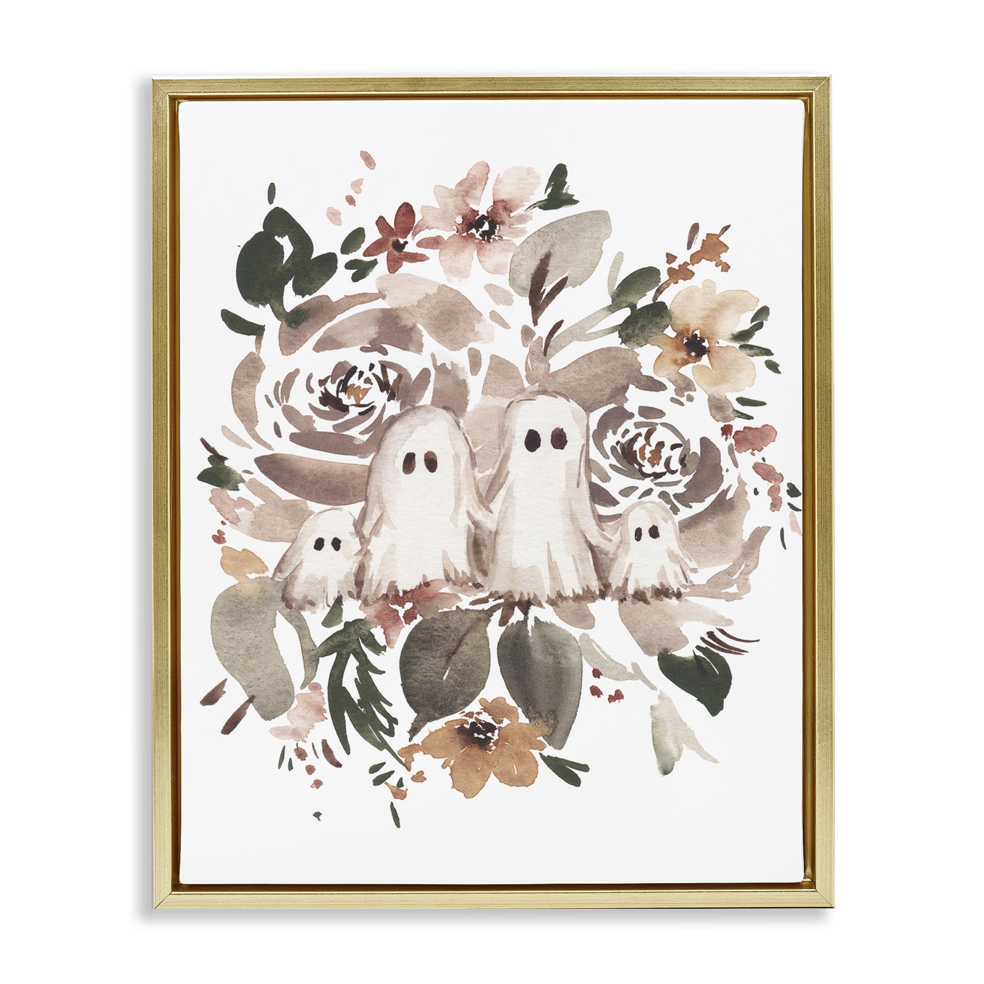 Stupell Industries Little Ghosts with Botanicals Holiday Painting Gold Floater Framed Canvas Art Print Wall Art, 25 x 31