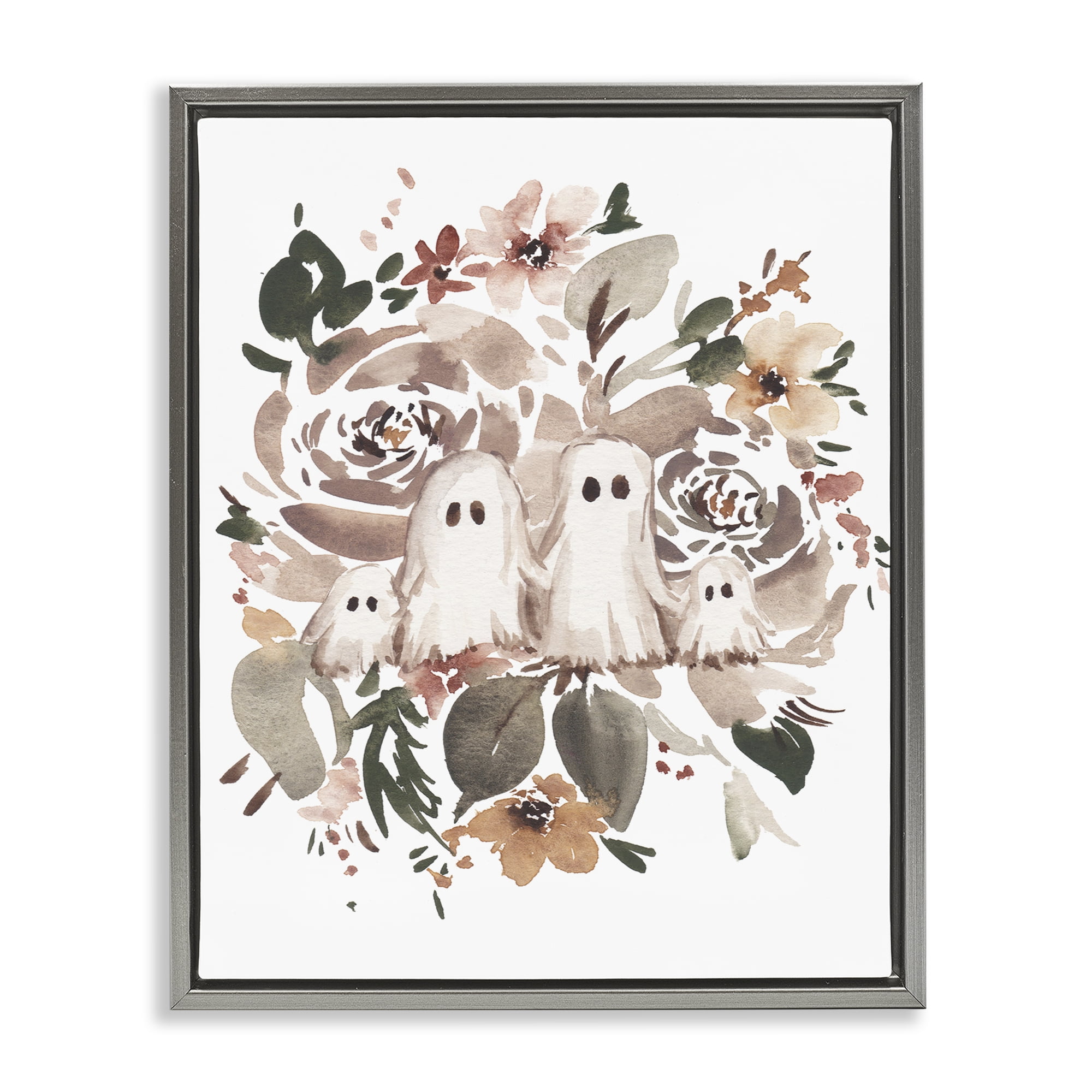 Stupell Industries Little Ghosts with Botanicals Holiday Painting Gray Floater Framed Canvas Art Print Wall Art, 17 x 21
