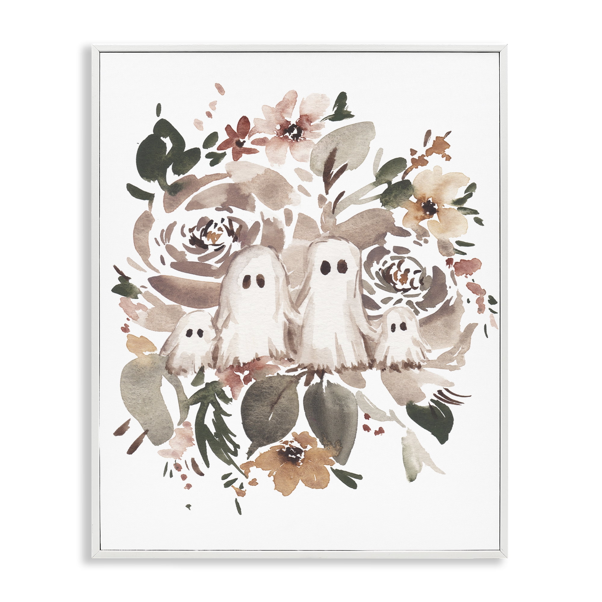 Stupell Industries Little Ghosts with Botanicals Holiday Painting White Framed Art Print Wall Art, 11 x 14