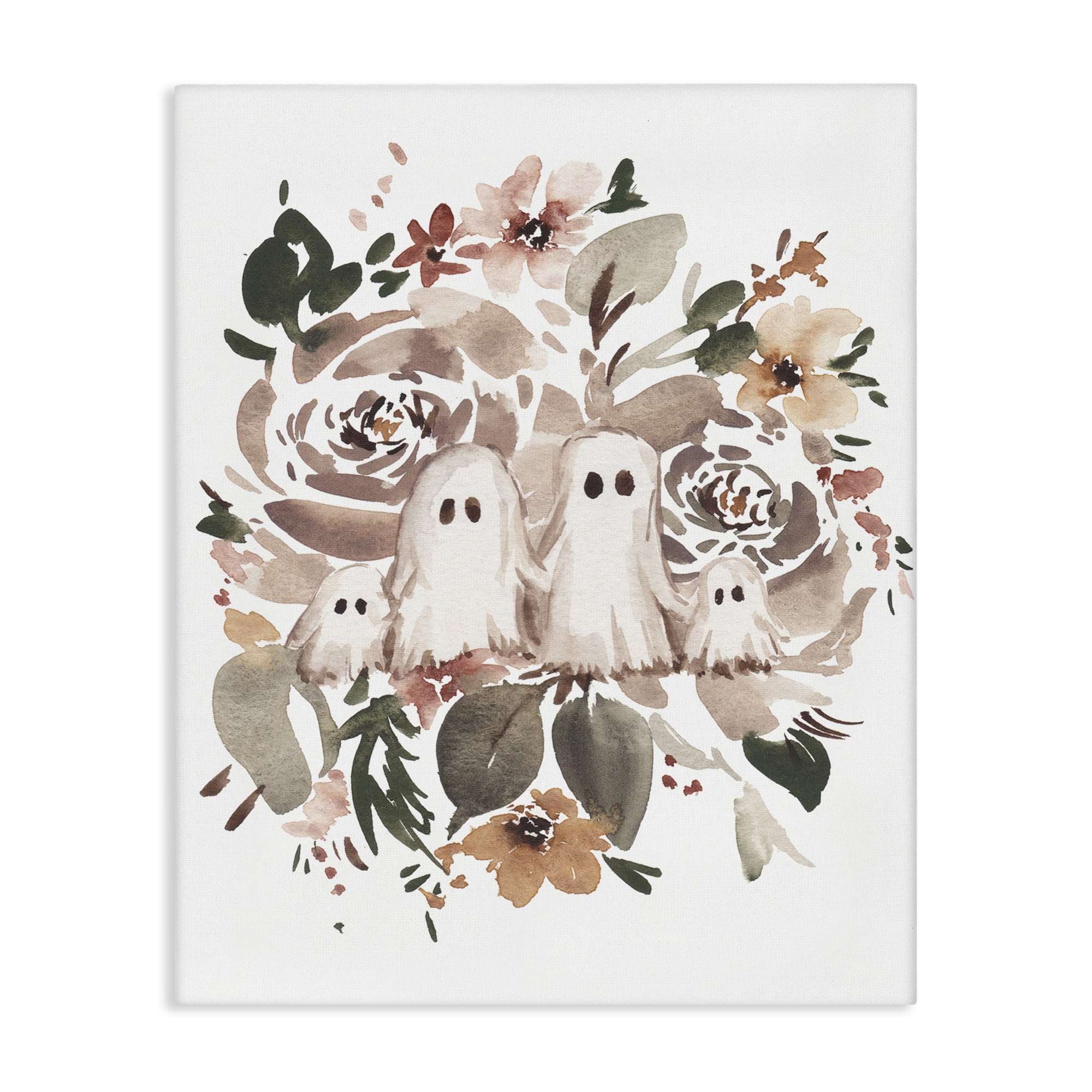 Stupell Industries Little Ghosts with Botanicals Holiday Painting Wrapped Canvas Art Print Wall Art, 16 x 20