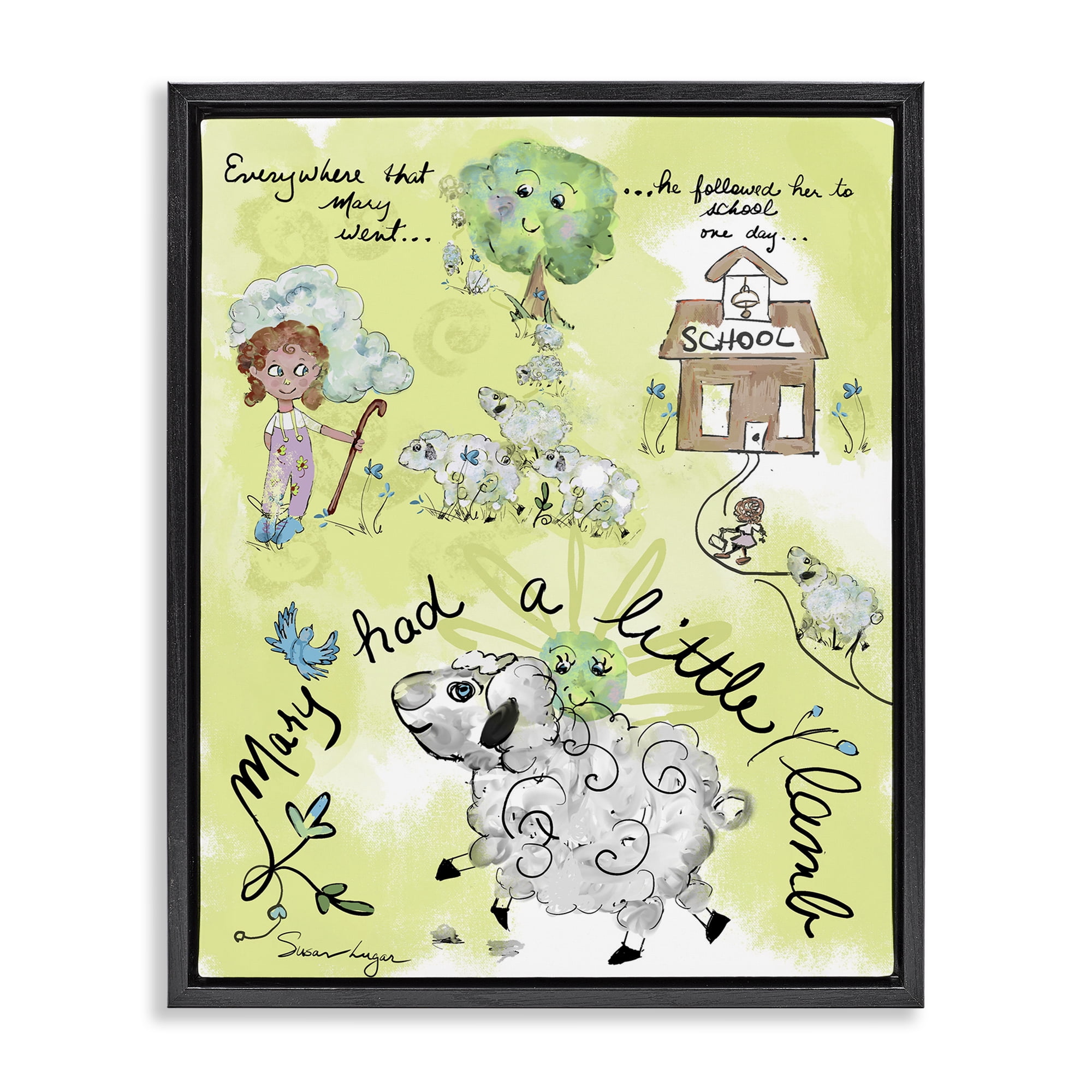 Stupell Industries Little Lamb Nursery Rhyme Black Framed Floater Canvas Wall Art, design by Susan Lugar