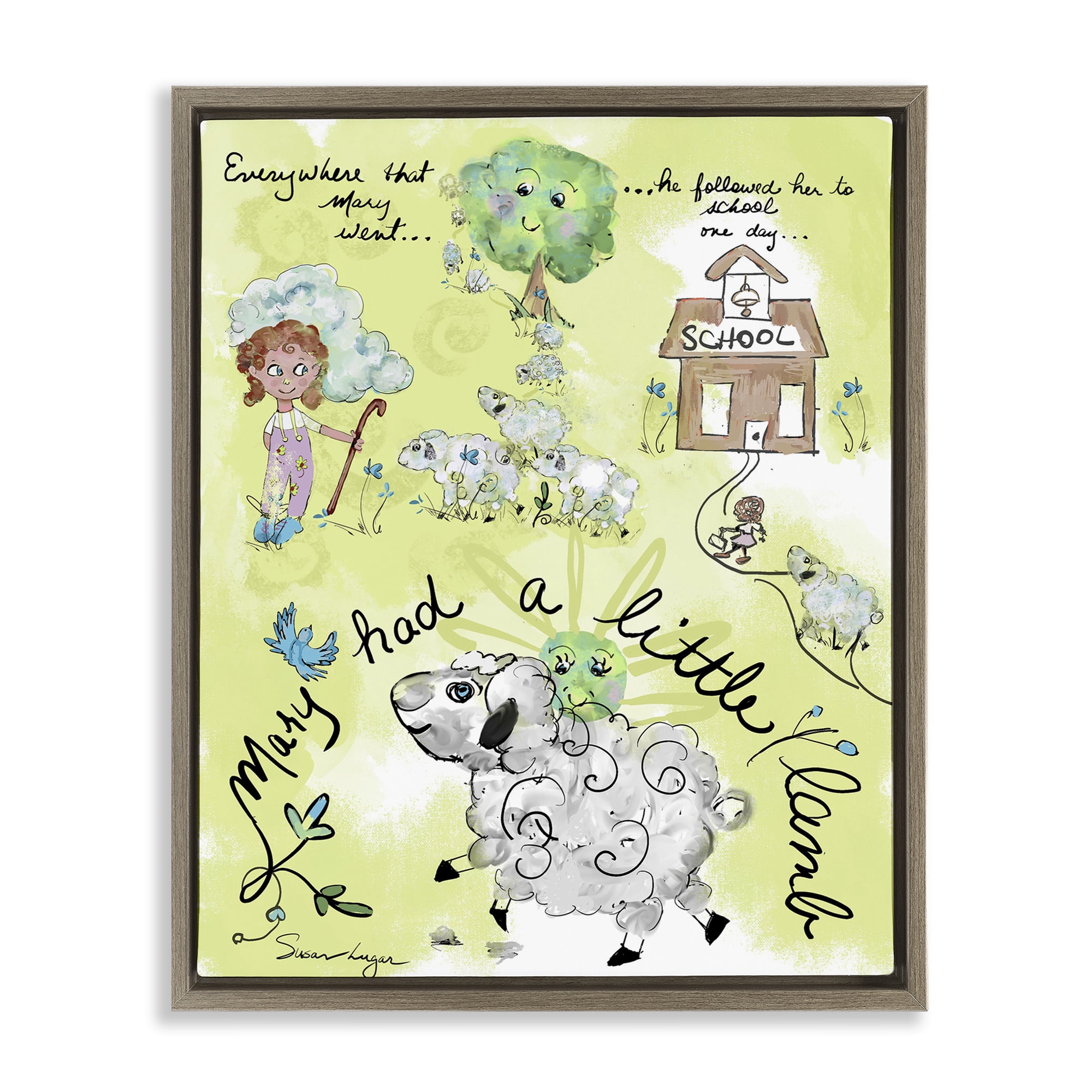 Stupell Industries Little Lamb Nursery Rhyme Brown Framed Floater Canvas Wall Art, design by Susan Lugar