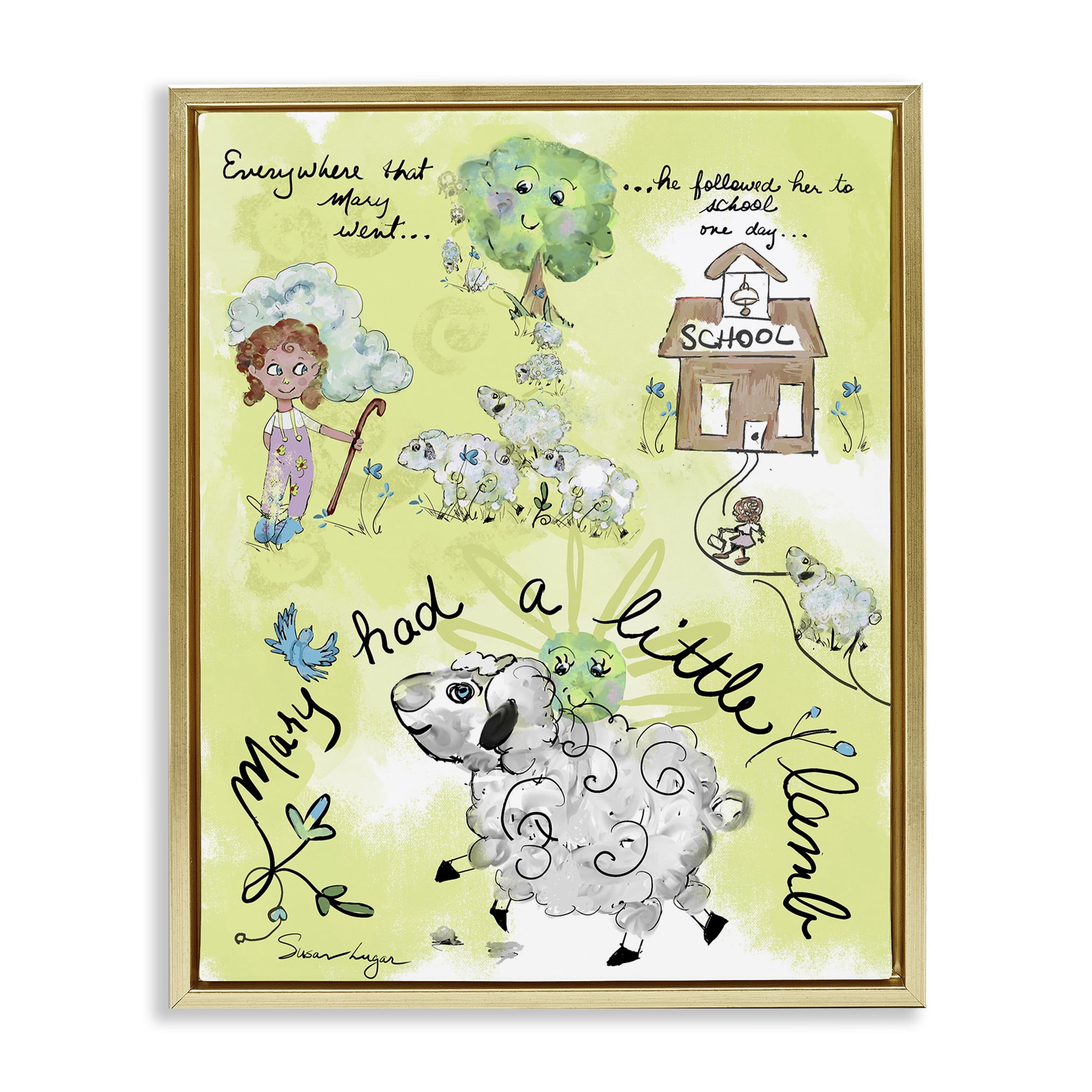 Stupell Industries Little Lamb Nursery Rhyme Gold Framed Floater Canvas Wall Art, design by Susan Lugar