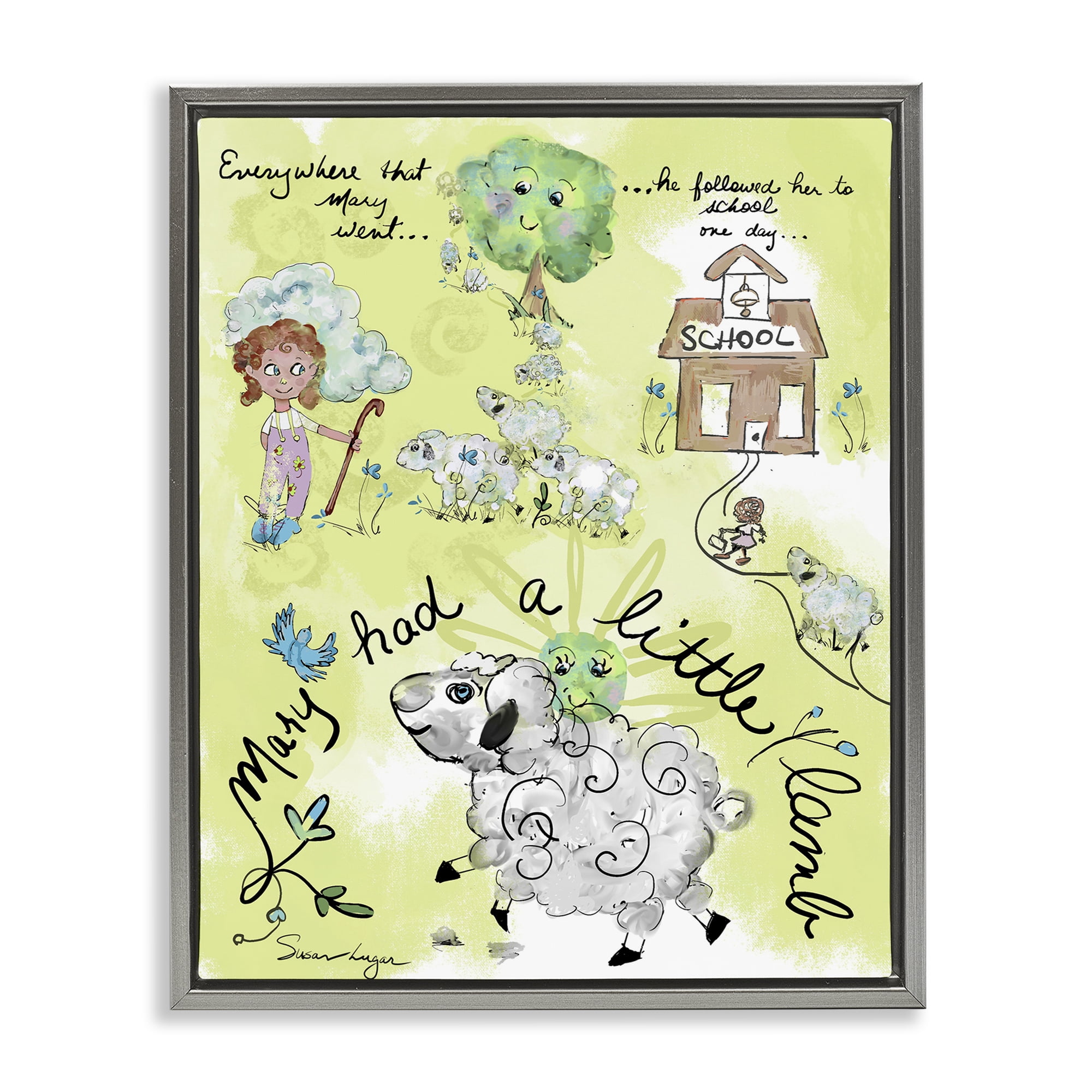Stupell Industries Little Lamb Nursery Rhyme Gray Framed Floater Canvas Wall Art, design by Susan Lugar