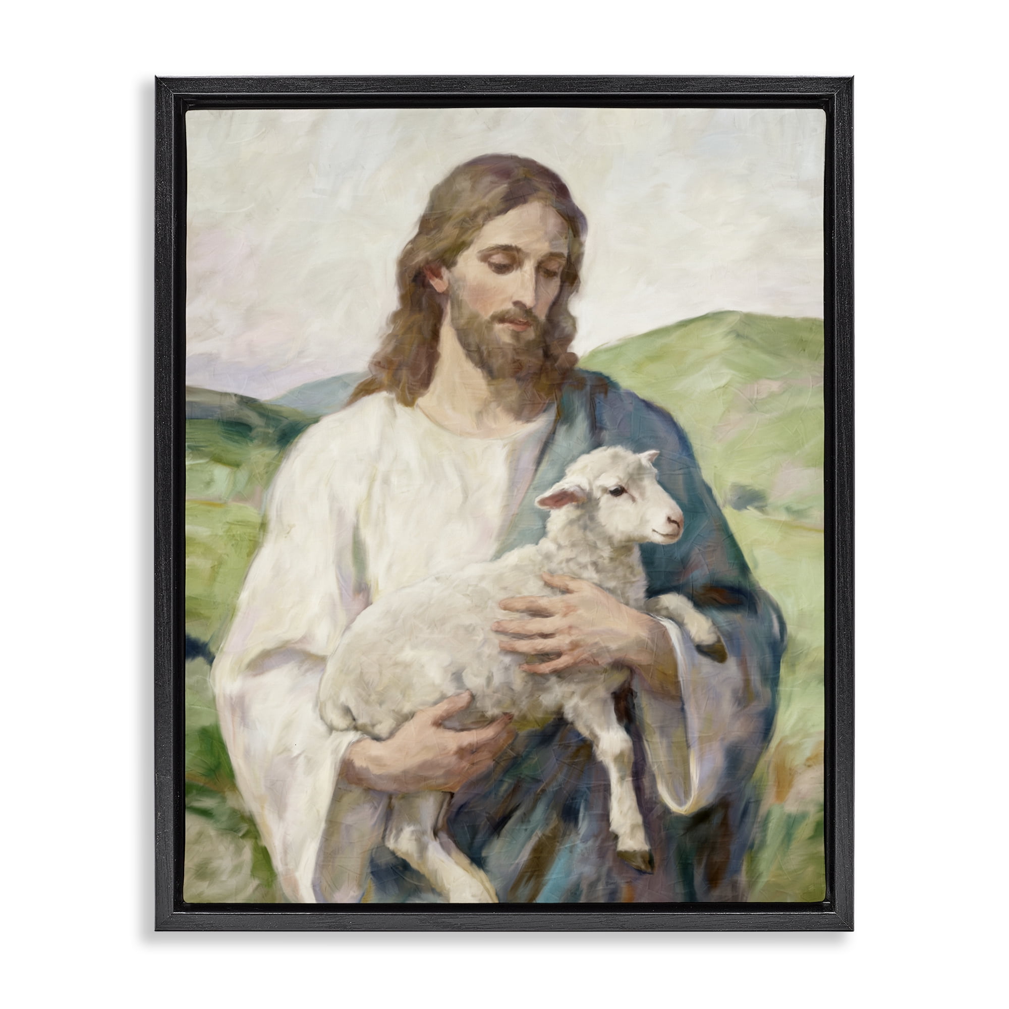 Stupell Industries Little Lamb & Spiritual Figure Black Framed Floater Canvas Wall Art, design by Kim Allen