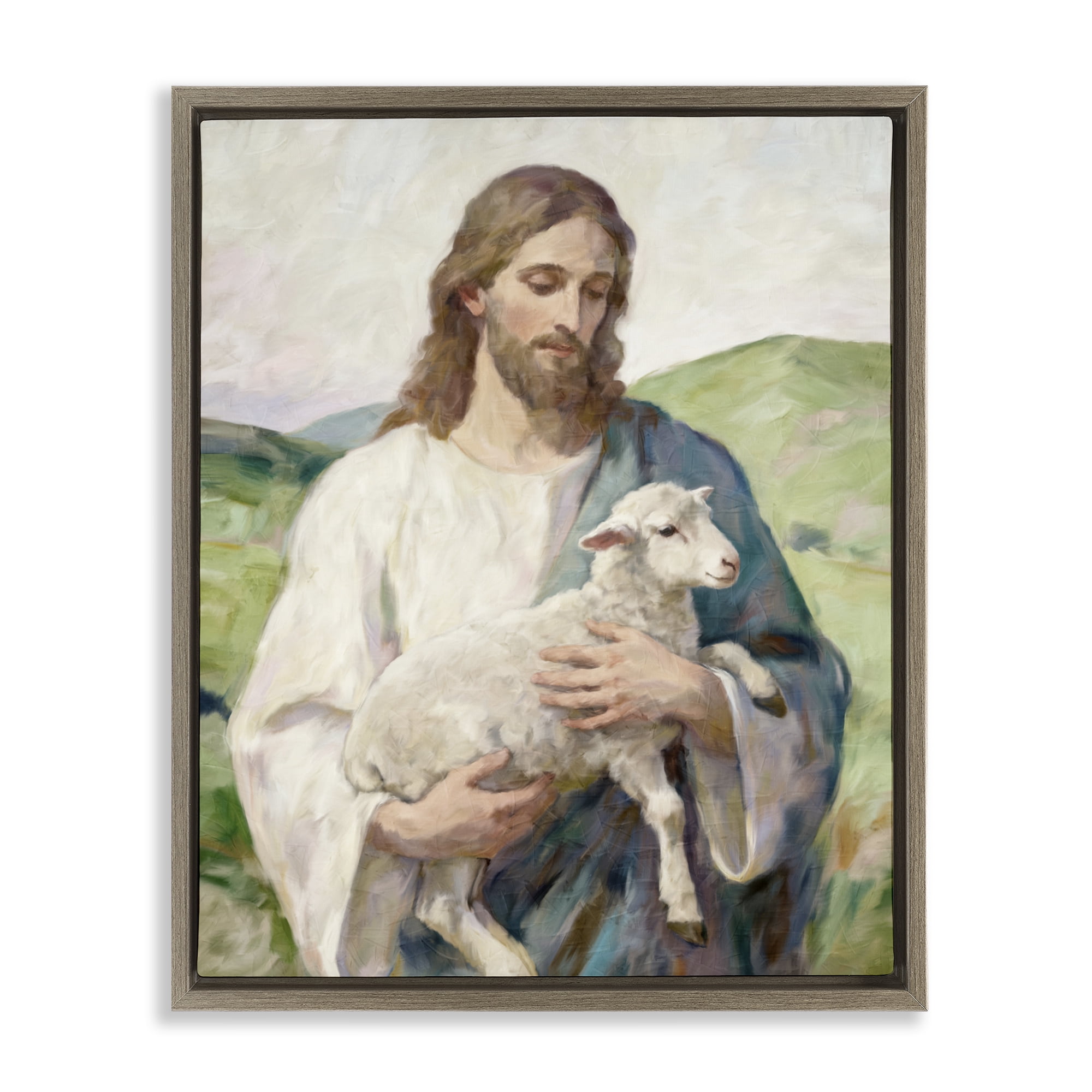 Stupell Industries Little Lamb & Spiritual Figure Brown Framed Floater Canvas Wall Art, design by Kim Allen