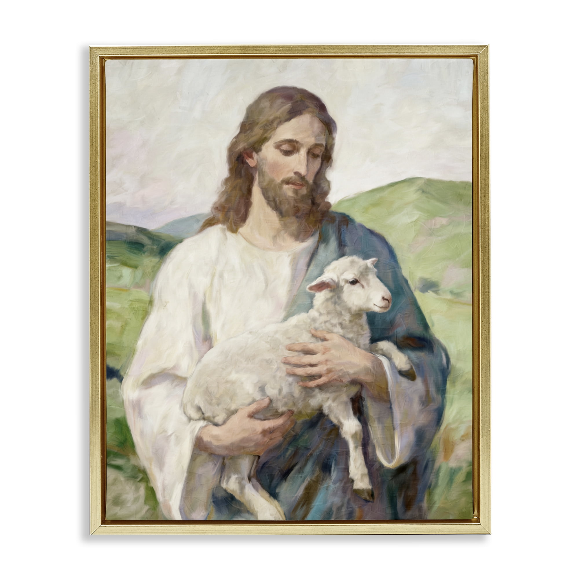 Stupell Industries Little Lamb & Spiritual Figure Gold Framed Floater Canvas Wall Art, design by Kim Allen