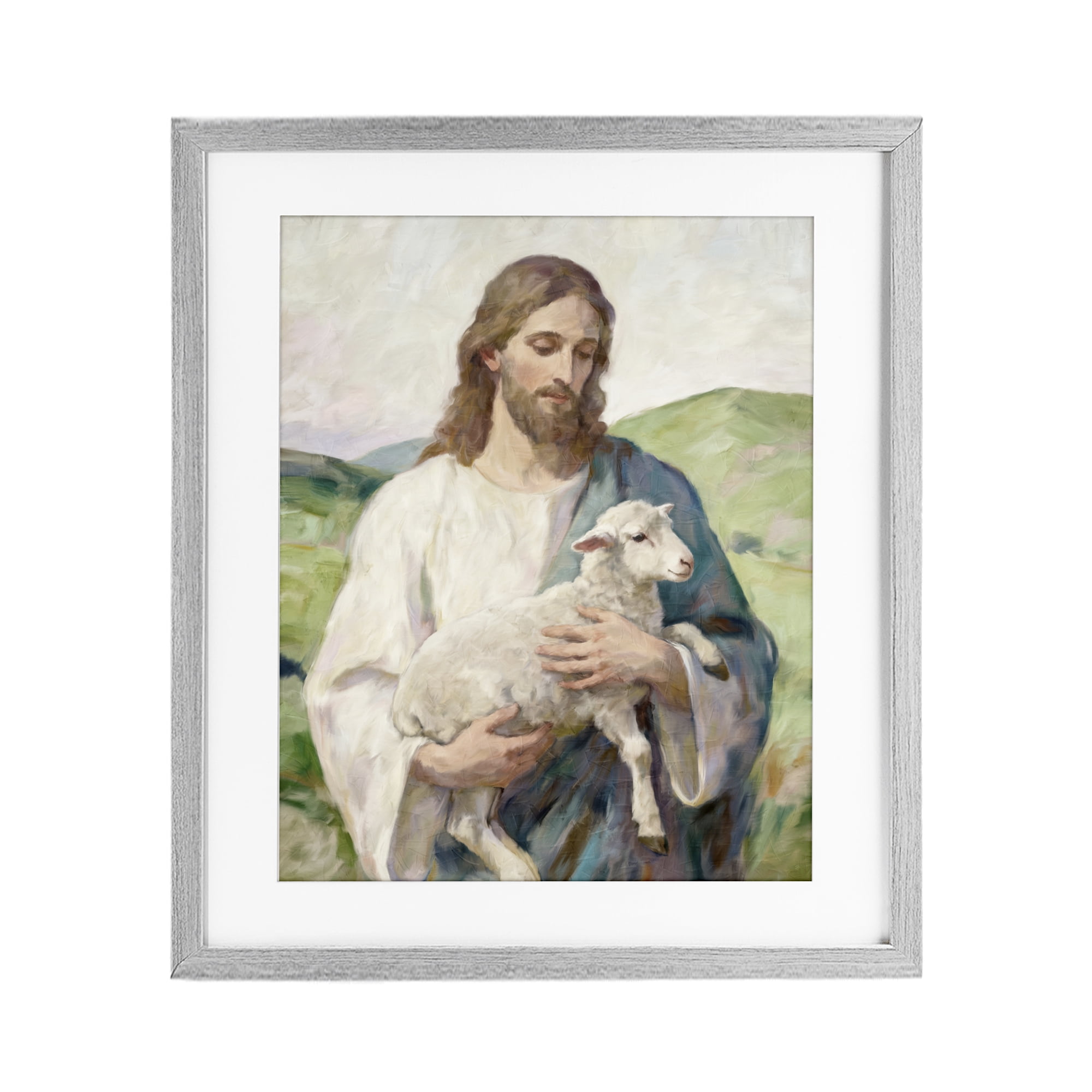 Stupell Industries Little Lamb & Spiritual Figure Gray Framed Print Under Glass, design by Kim Allen