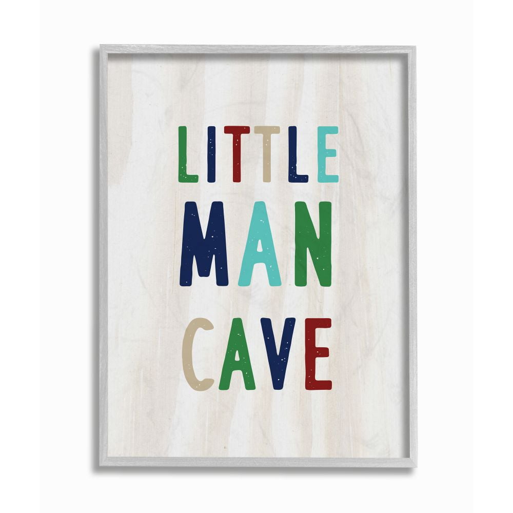 Stupell Industries Little Man Cave Multi-Color Text Wood Grain Pattern Framed Wall Art Design by Daphne Polselli, 16" x 20", Gray Framed