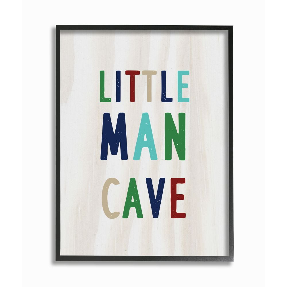 Stupell Industries Little Man Cave Multi-Color Text Wood Grain Pattern Framed Wall Art Design by Daphne Polselli, 24" x 30", Black Framed