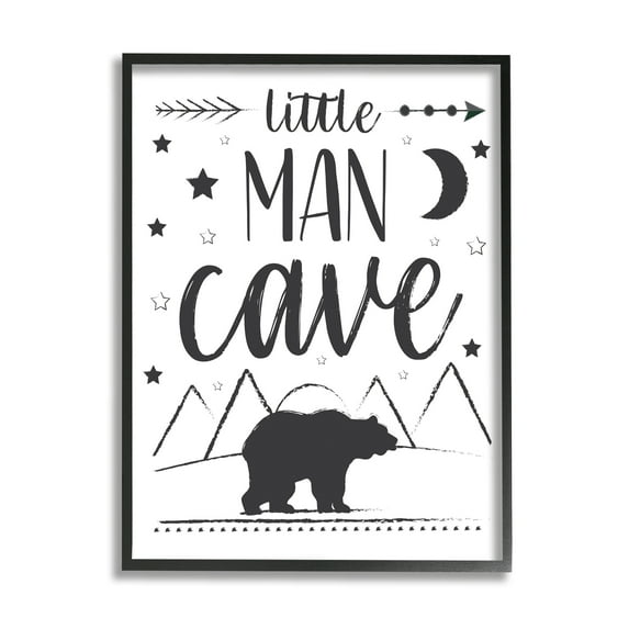 Stupell Industries Little Man Cave Phrase Black Bear Starry Night Animals & Insects Painting Black Framed Art Print Wall Art, 11 x 14