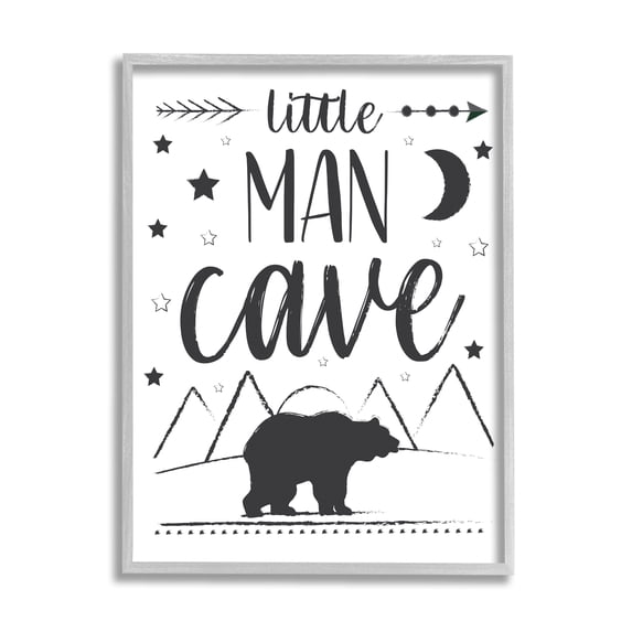 Stupell Industries Little Man Cave Phrase Black Bear Starry Night Animals & Insects Painting Gray Framed Art Print Wall Art, 16 x 20