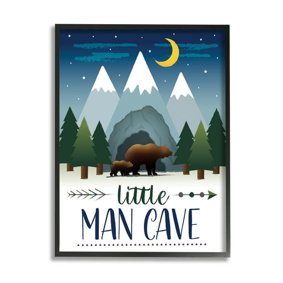 Stupell Industries Little Man Cave Sign Bears Walking by Mountains Animals & Insects Painting Black Framed Art Print Wall Art, 11 x 14